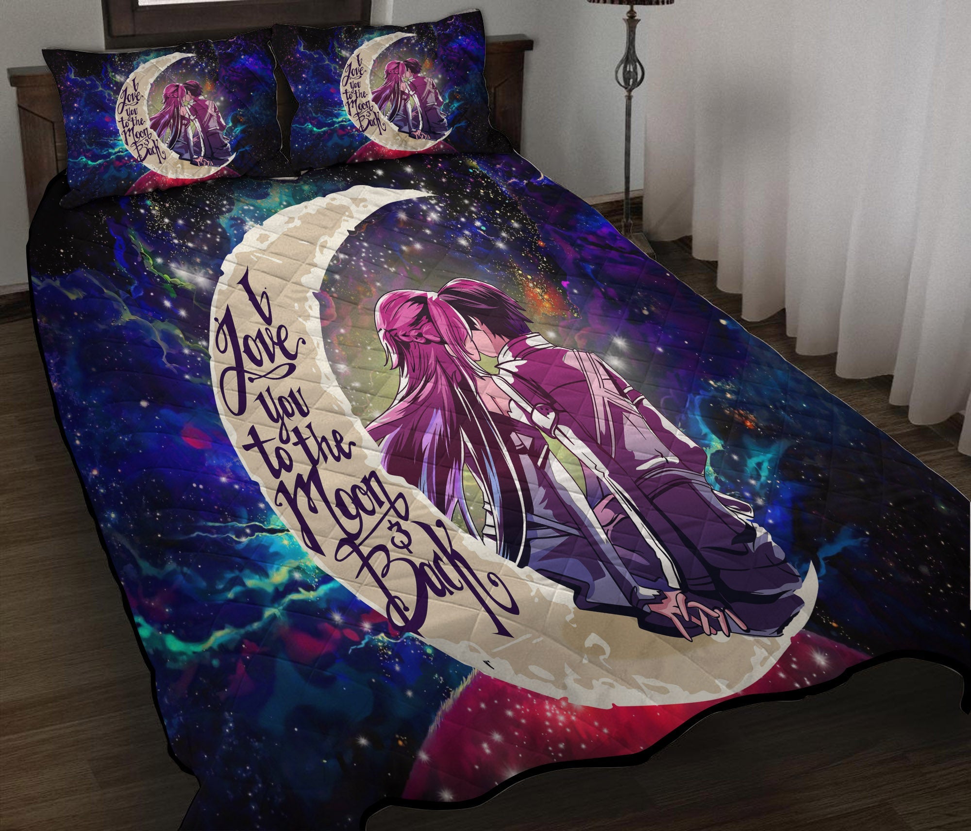 SAO Sword Art Online Asuna Kirito Love You To The Moon Galaxy Quilt Bed Sets Nearkii