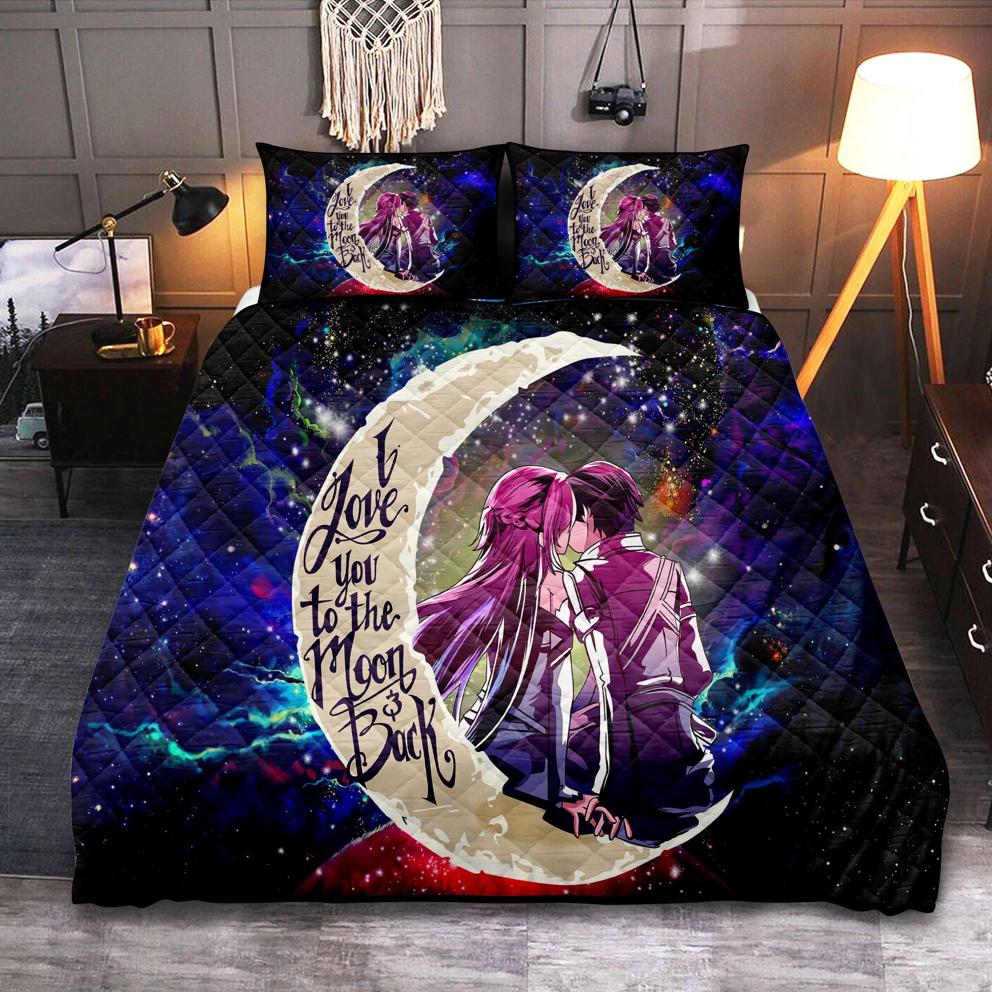 SAO Sword Art Online Asuna Kirito Love You To The Moon Galaxy Quilt Bed Sets Nearkii