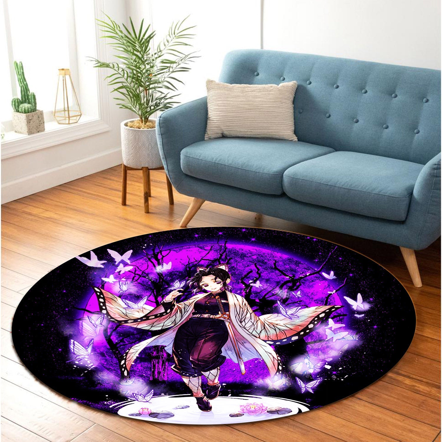 Shinobu Demon Slayer Moonlight Round Carpet Rug Bedroom Livingroom Home Decor Nearkii