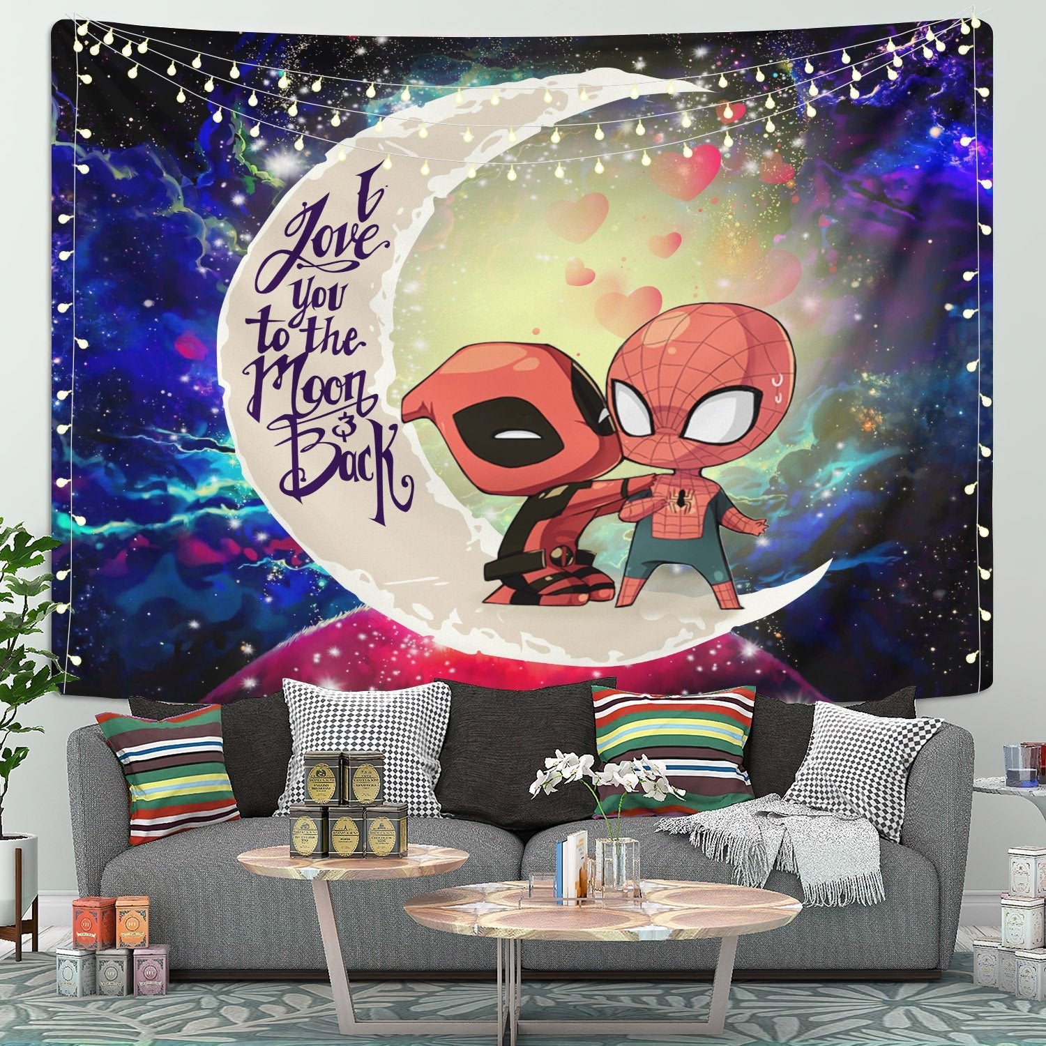 Spiderman And Deadpool Couple Moon And Back Galaxy Tapestry Room Decor Nearkii