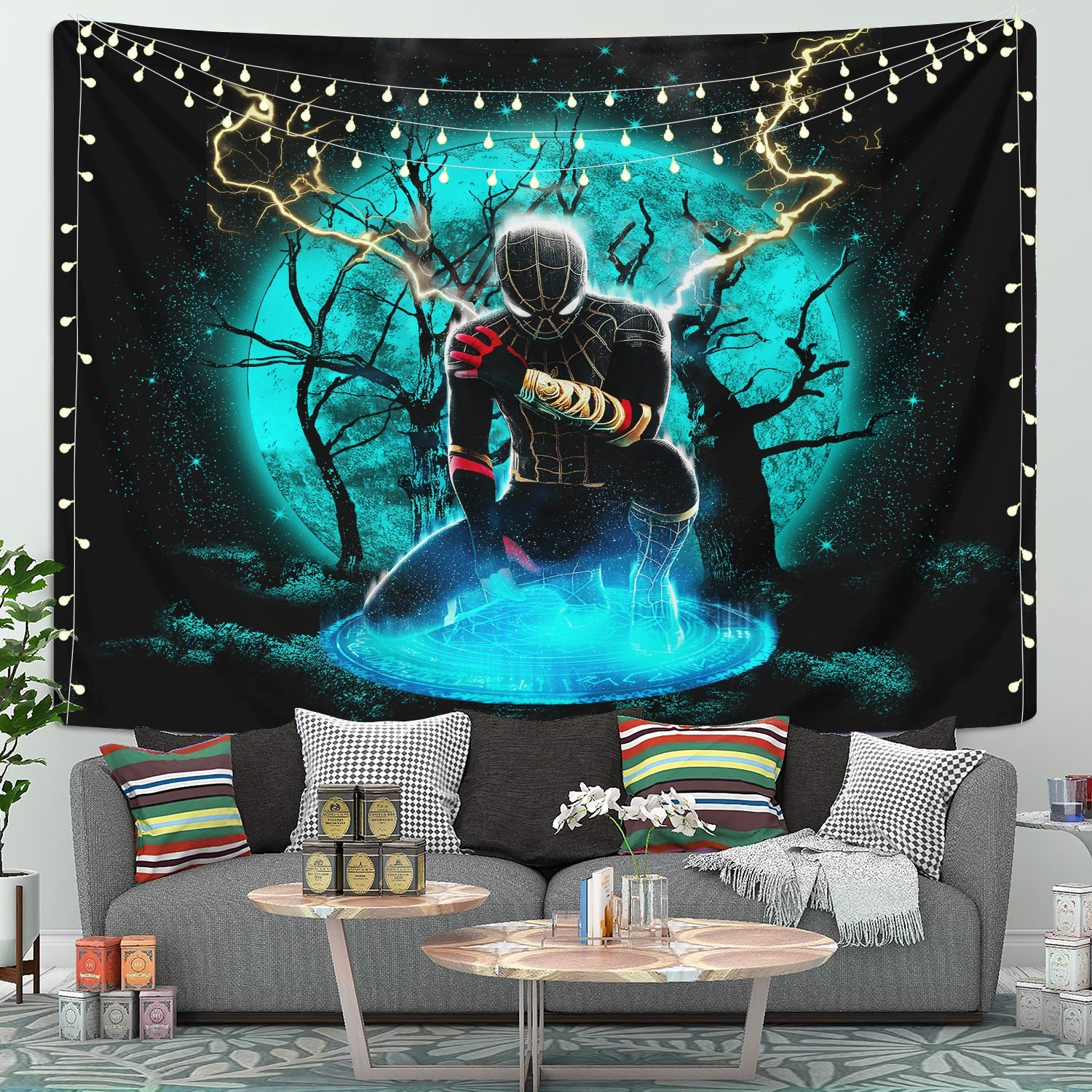 Spider Man Black Suit No Way Home Moonlight Tapestry Room Decor