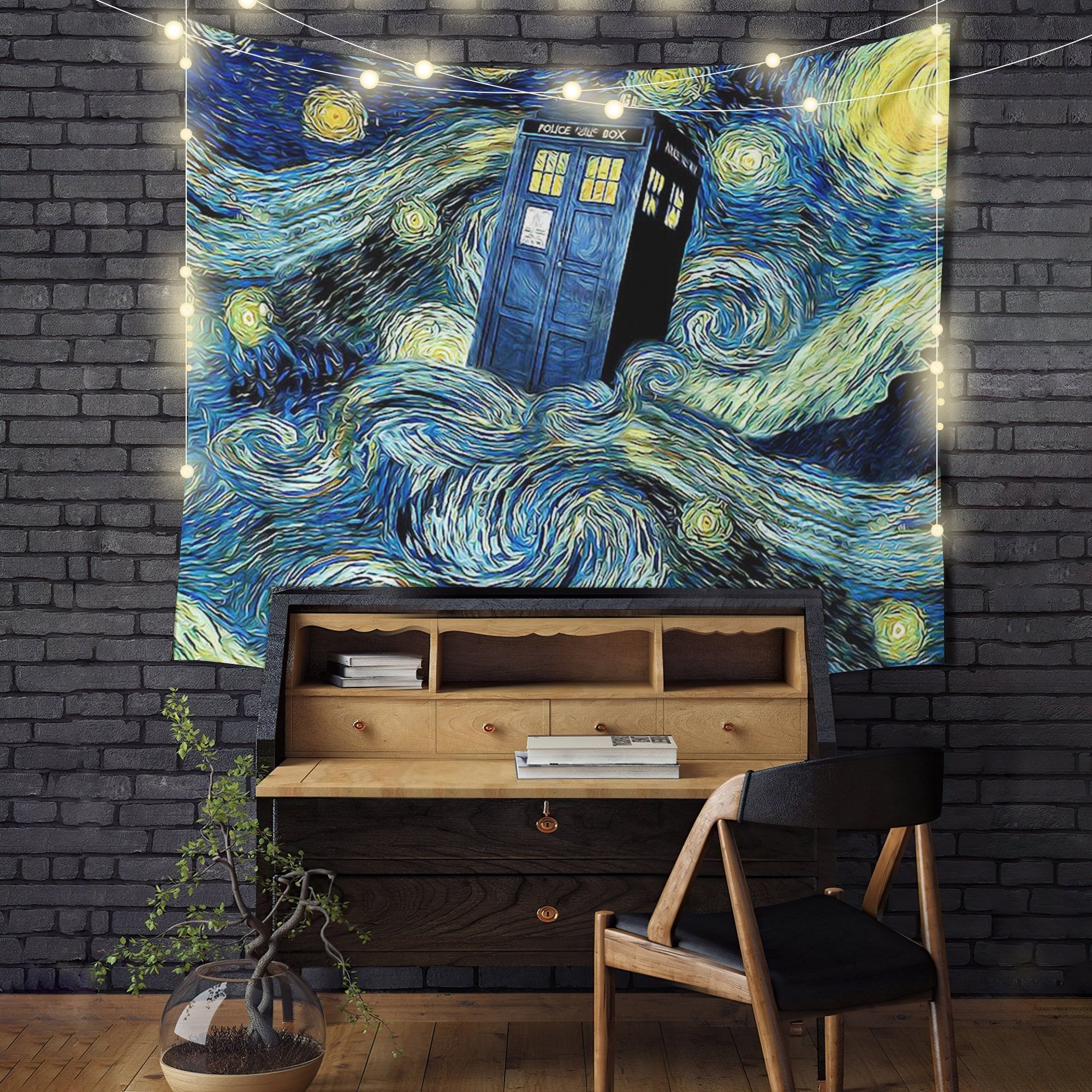 Starry Night Police Telephone Box Tapestry Room Decor Nearkii