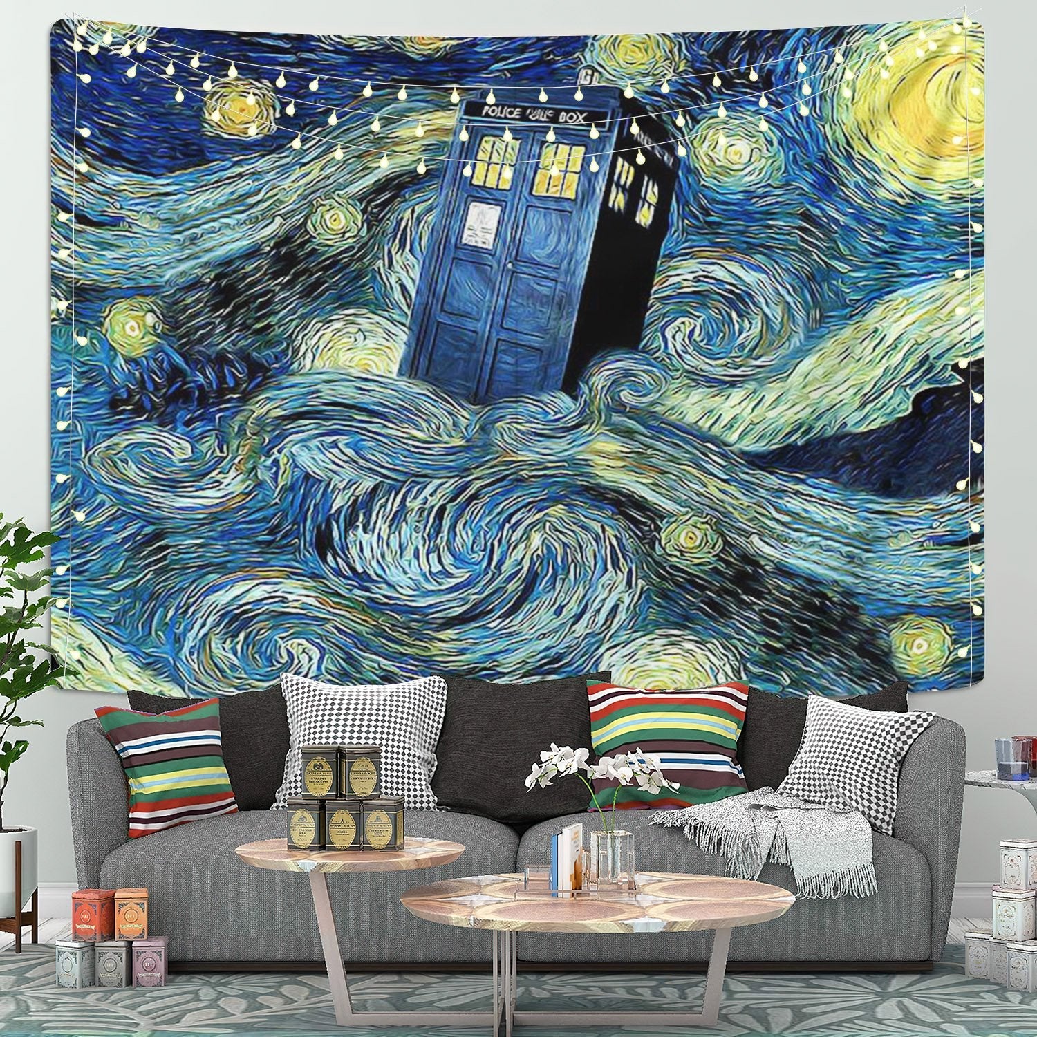 Starry Night Police Telephone Box Tapestry Room Decor Nearkii