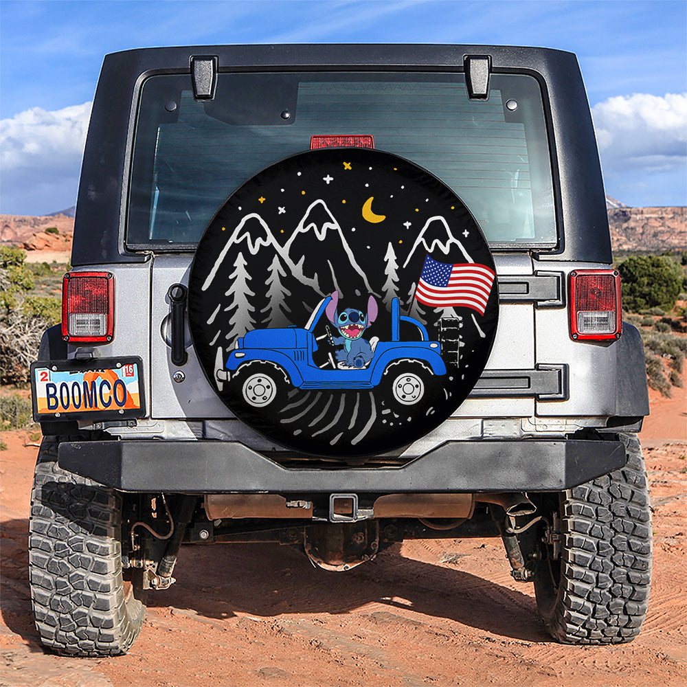 Stitch American Flag Ride Jeep Starry Night Blue Car Spare Tire Covers Gift For Campers Nearkii