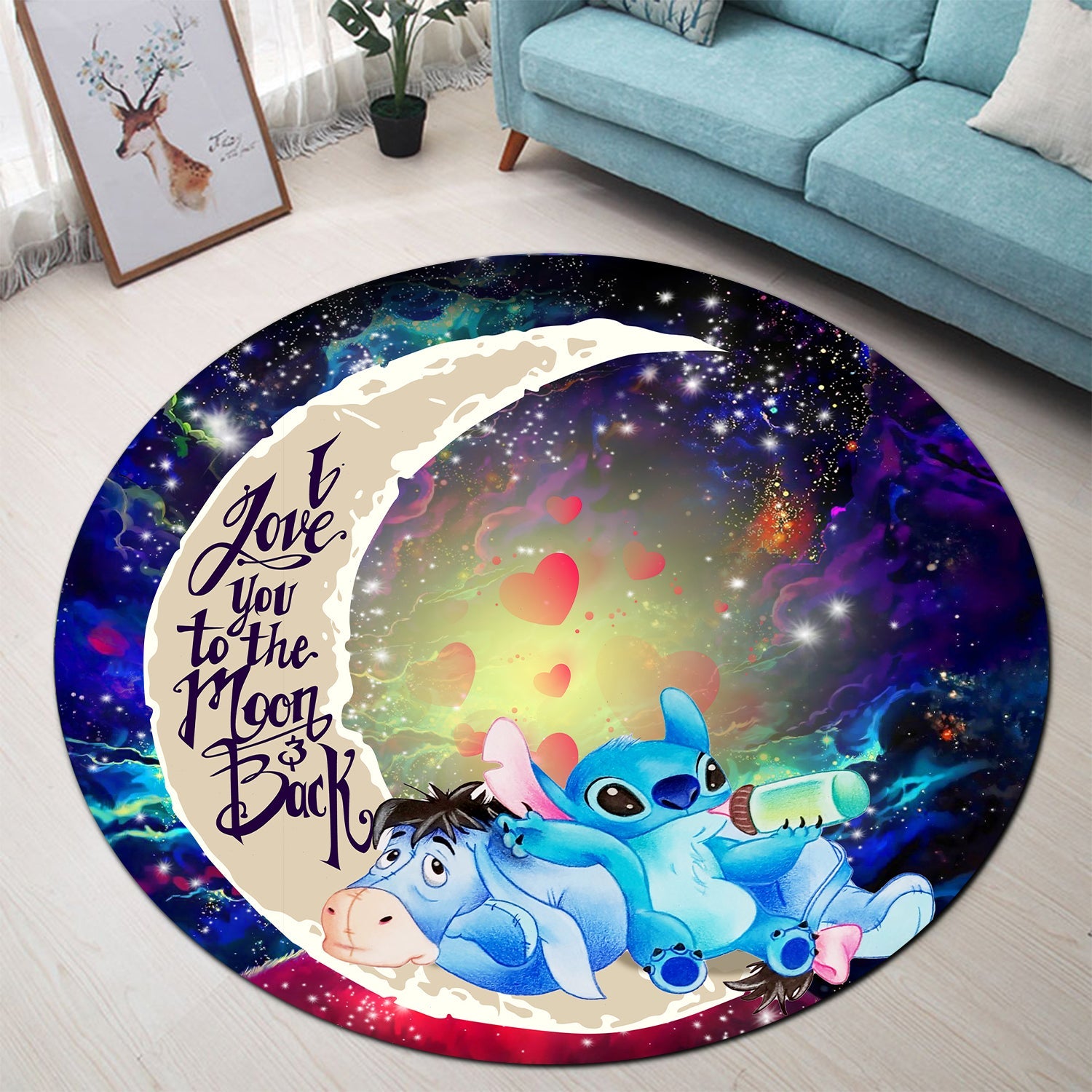 Stitch And Eeyore Couple Love You To The Moon Galaxy Round Carpet Rug Bedroom Livingroom Home Decor Nearkii