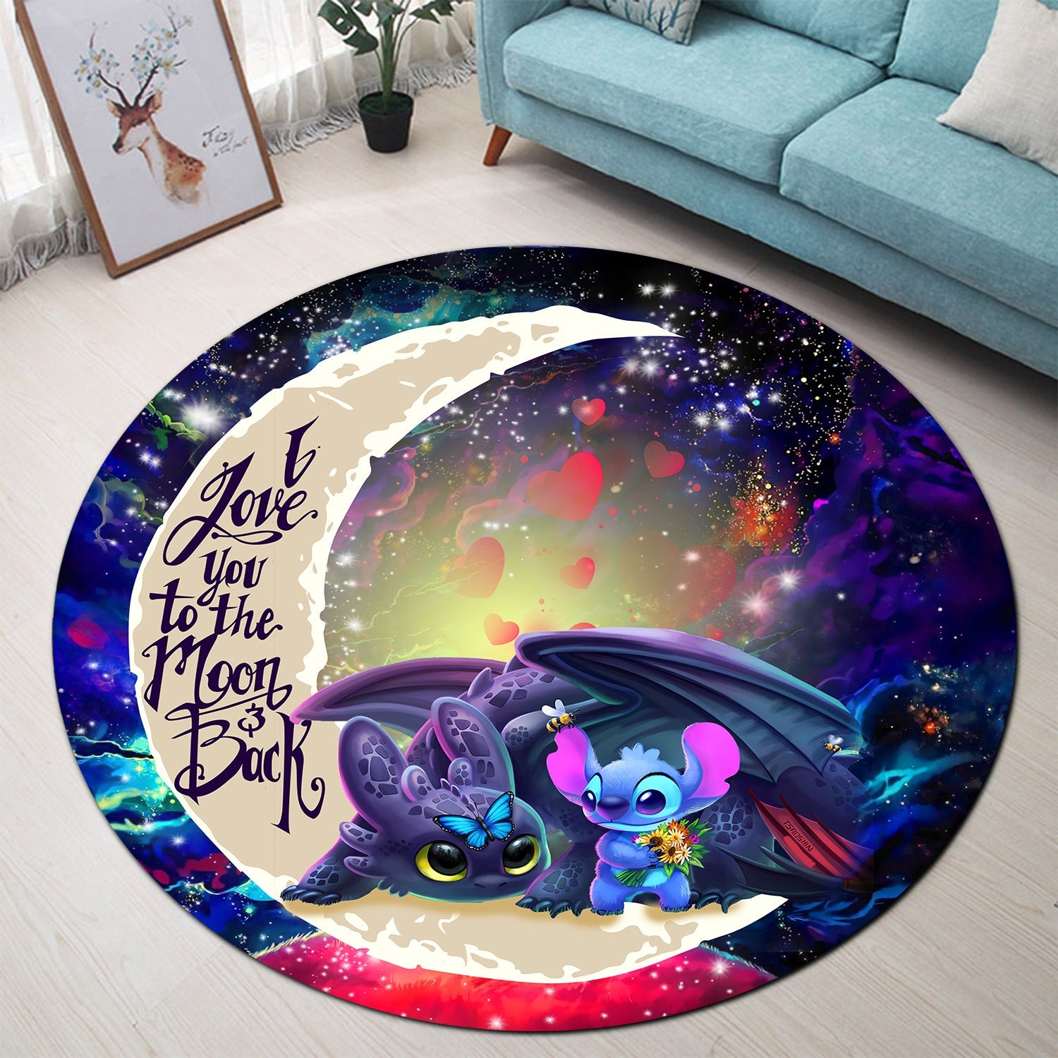 Stitch And Toothless Love You To The Moon Galaxy Round Carpet Rug Bedroom Livingroom Home Decor Nearkii