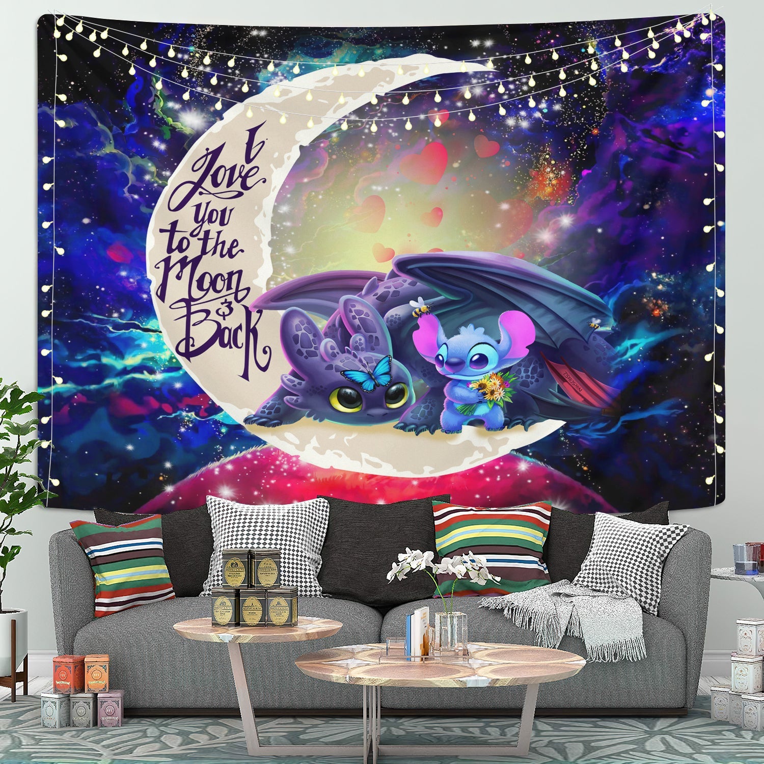 Stitch And Toothless Love You To The Moon Galaxy Tapestry Room Decor Nearkii