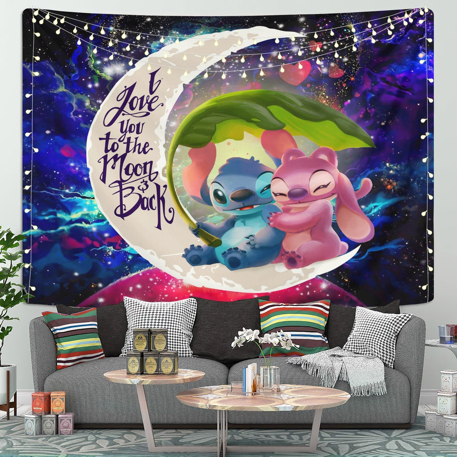 Stitch Angel Love You To The Moon Galaxy Tapestry Room Decor Nearkii