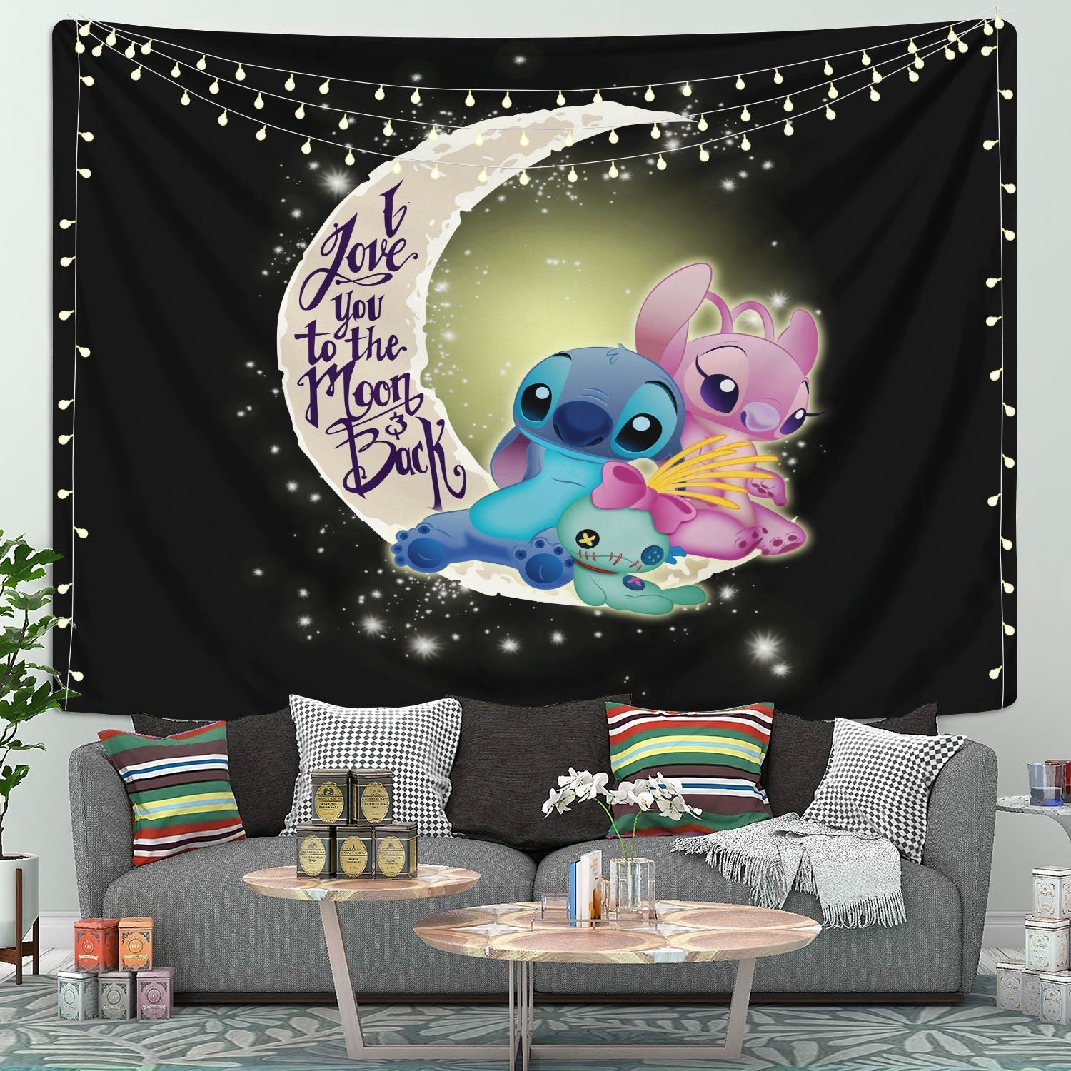 Stitch Couple Love You To The Moon Tapestry Room Decor Nearkii