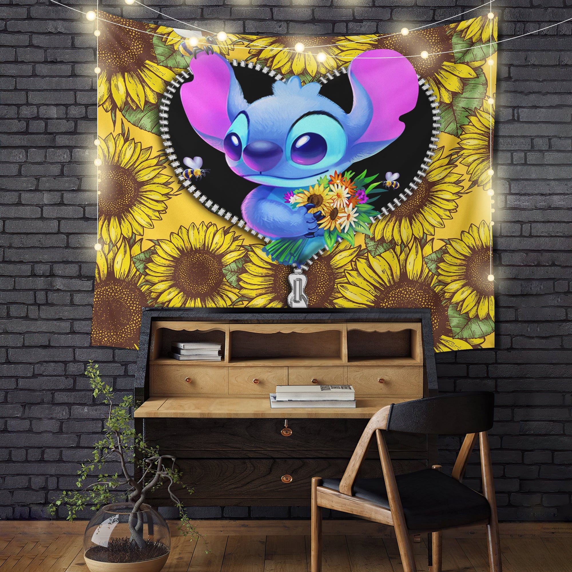 Stitch Sunflower Zipper Tapestry Room Decor Nearkii