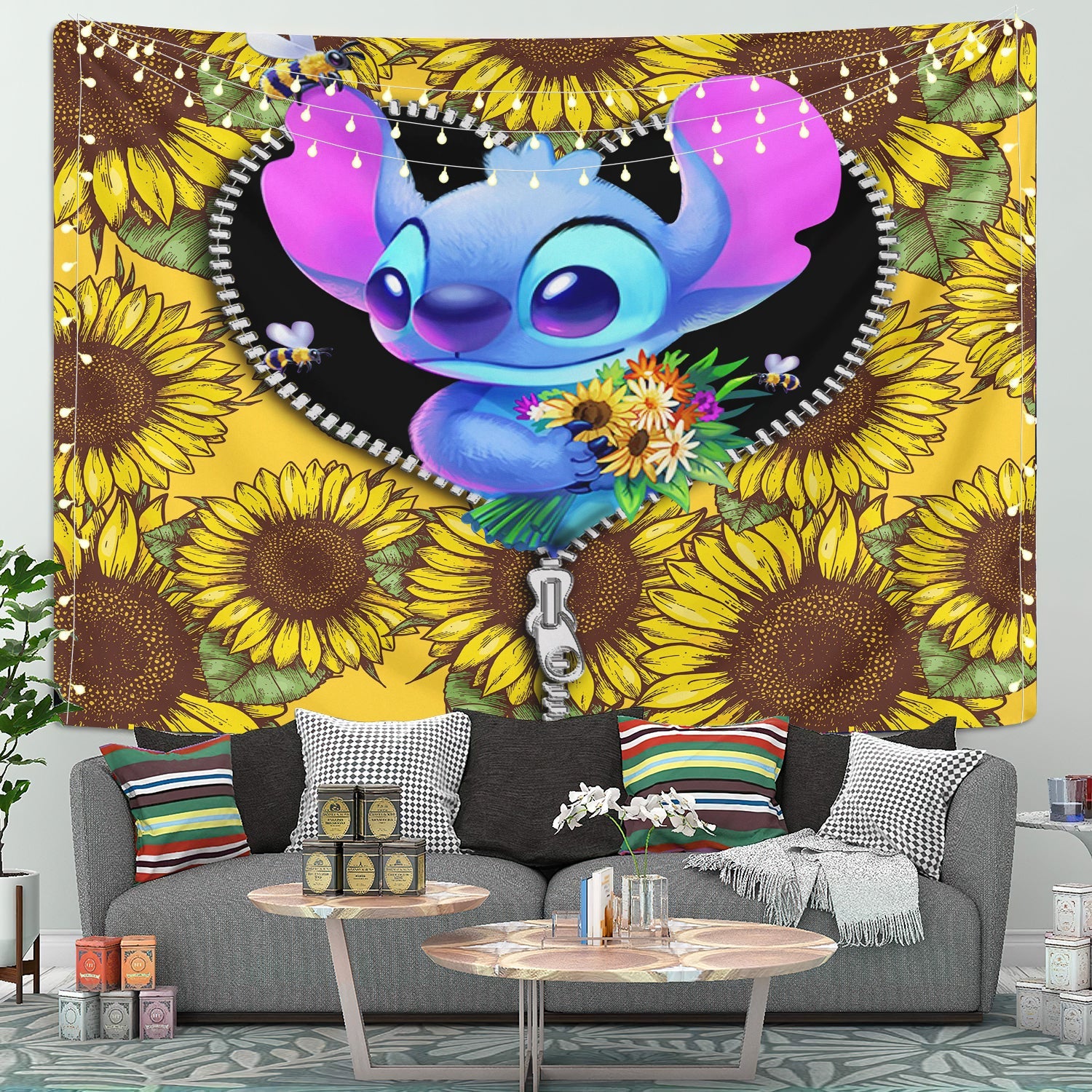 Stitch Sunflower Zipper Tapestry Room Decor Nearkii