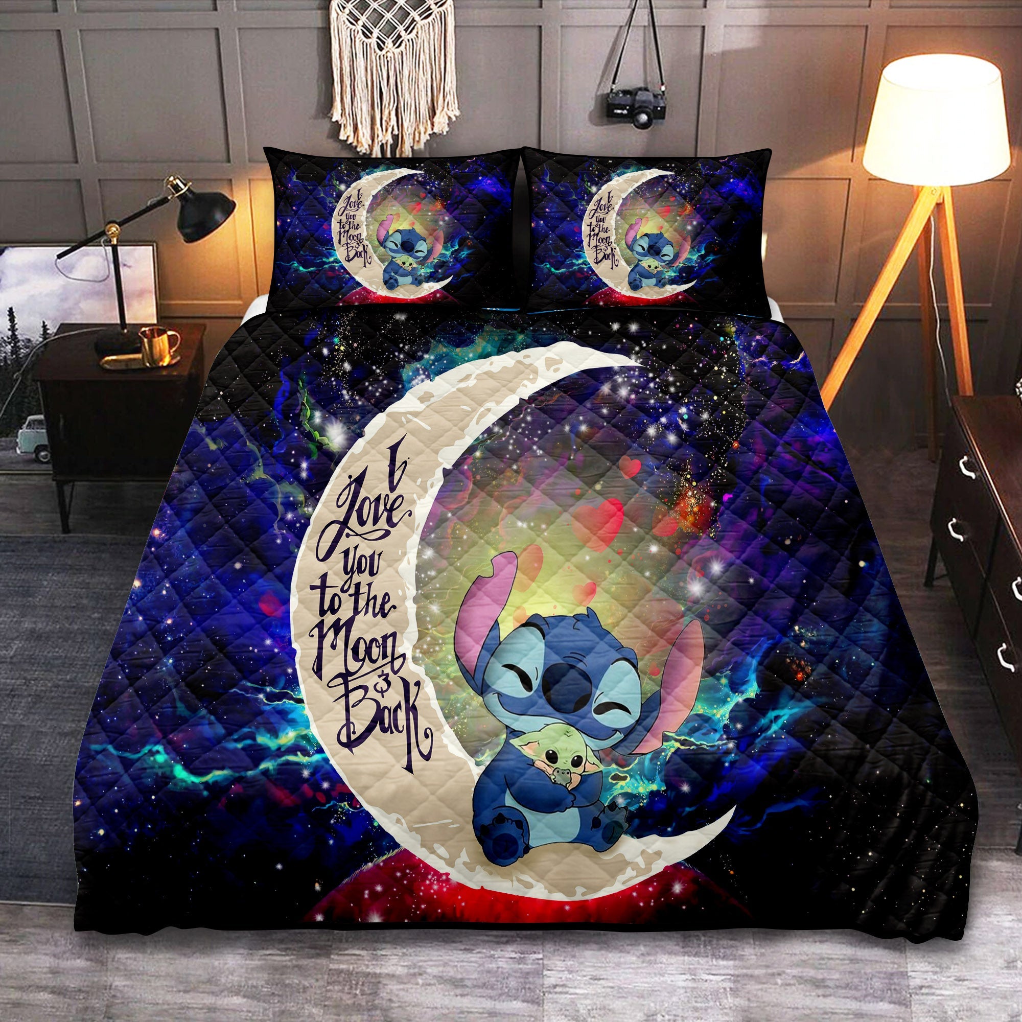 Stitch Hold Baby Yoda Love You To The Moon Galaxy Quilt Bed Sets Nearkii