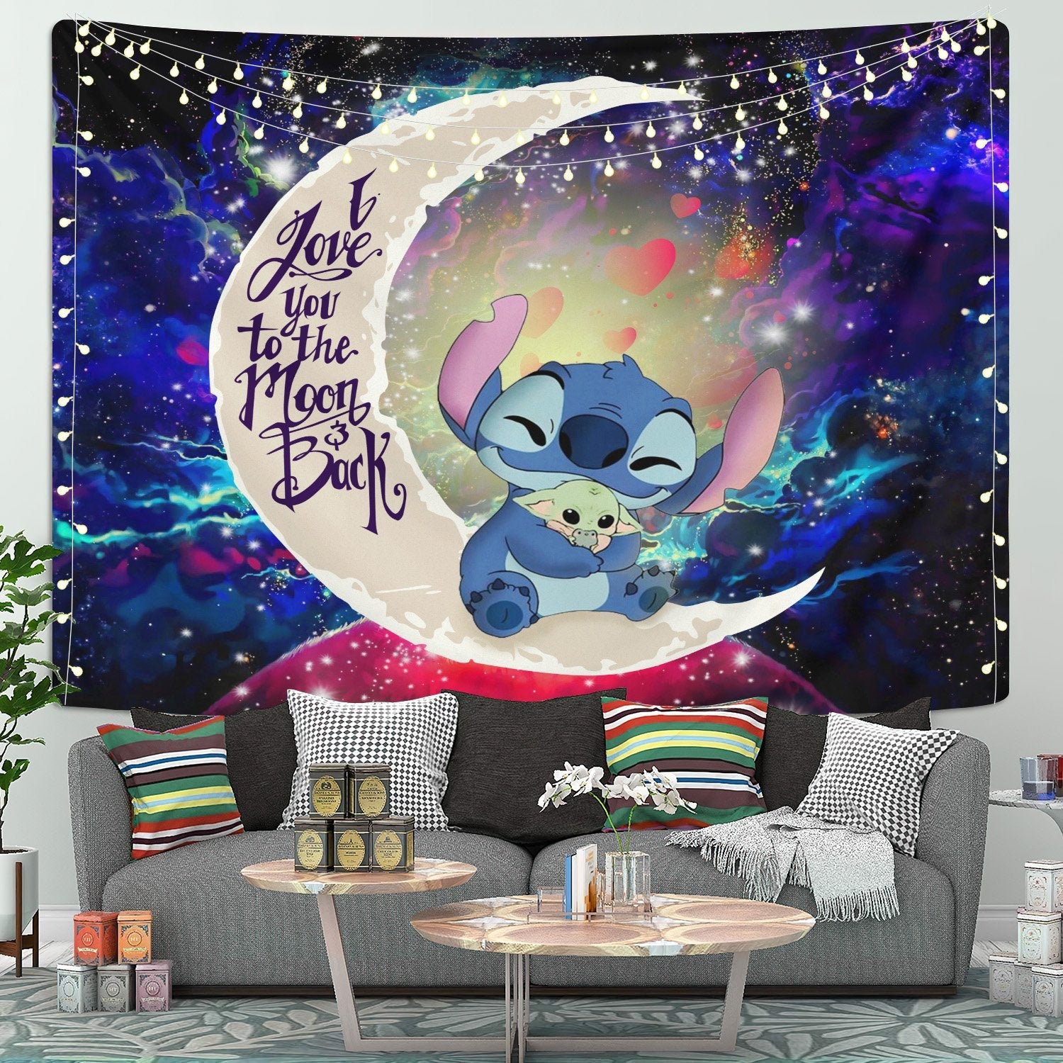 Stitch Hold Baby Yoda Moon And Back Galaxy Tapestry Room Decor Nearkii