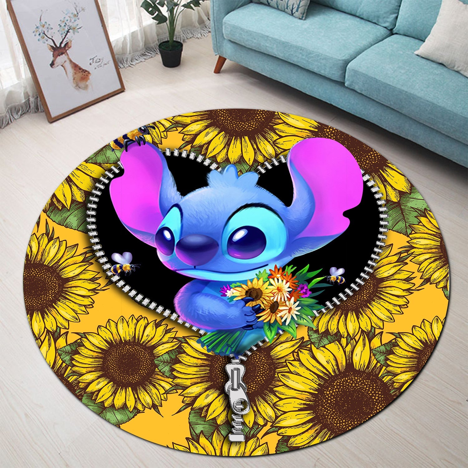 Stitch Sunflower Zipper Round Carpet Rug Bedroom Livingroom Home Decor Nearkii