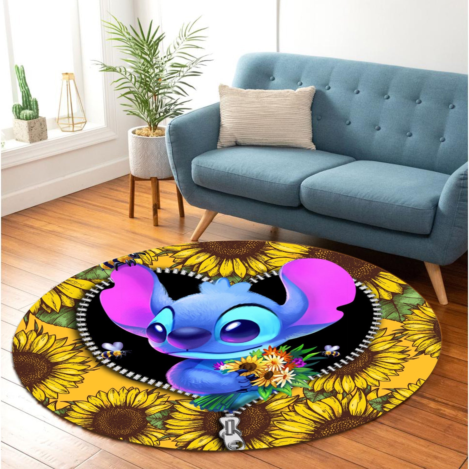 Stitch Sunflower Zipper Round Carpet Rug Bedroom Livingroom Home Decor Nearkii