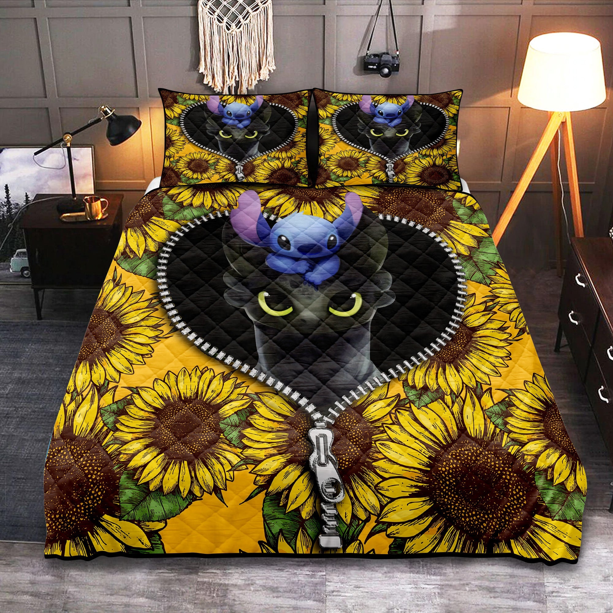 Toothless And Stitch Sunflower Zipper Quilt Bed Sets Nearkii