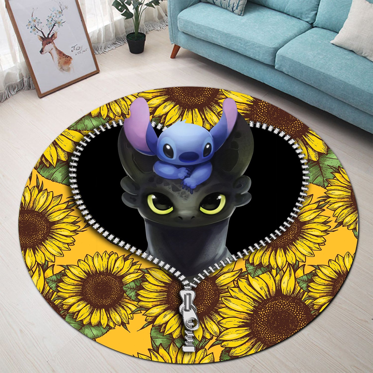 Toothless And Stitch Sunflower Zipper Round Carpet Rug Bedroom Livingroom Home Decor Nearkii