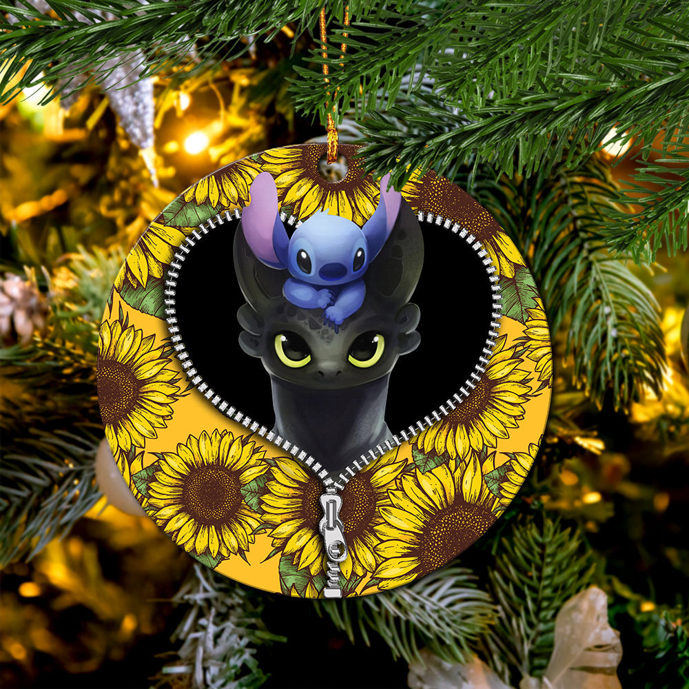 Toothless And Stitch Sunflower Zipper Mica Circle Ornament Perfect Gift For Holiday Nearkii