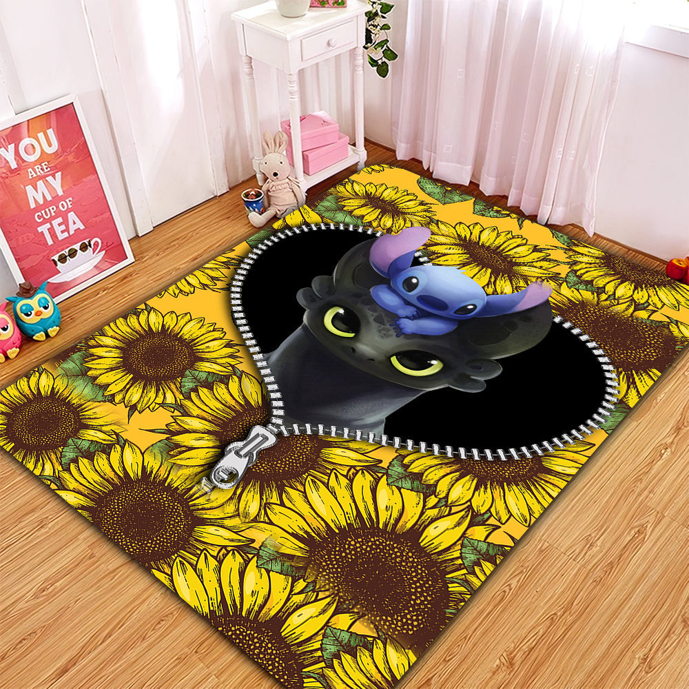 Toothless And Stitch Sunflower Zipper Rug Carpet Rug Home Room Decor Nearkii