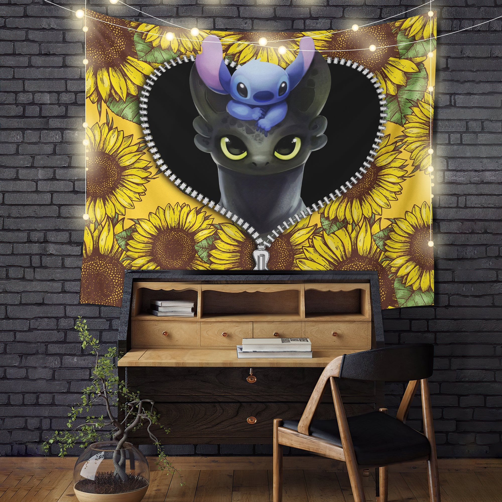 Toothless And Stitch Sunflower Zipper Tapestry Room Decor Nearkii