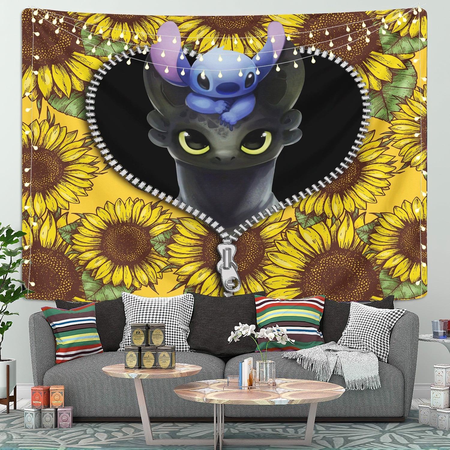 Toothless And Stitch Sunflower Zipper Tapestry Room Decor Nearkii