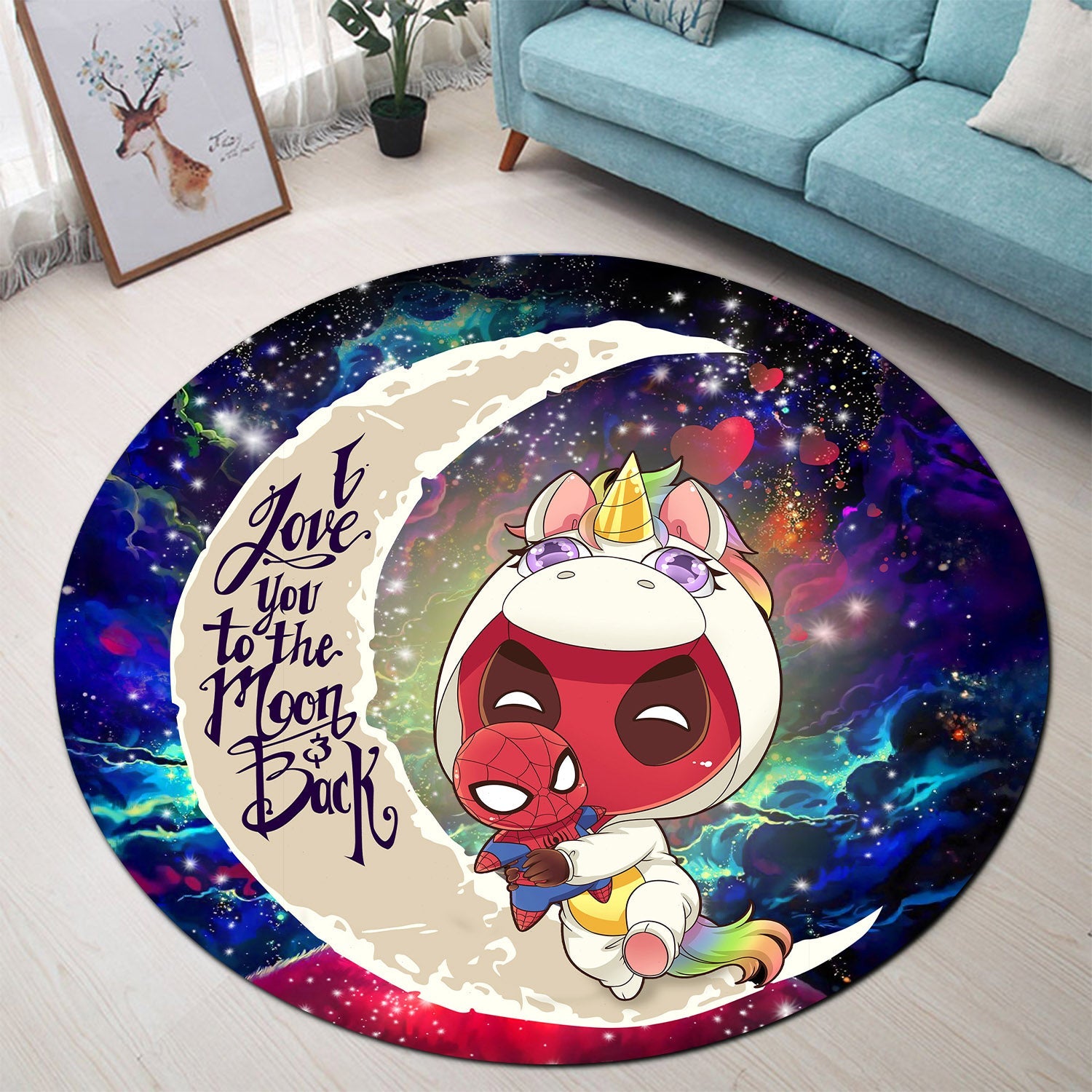 Unicorn Deadpool And Spiderman Avenger Love You To The Moon Galaxy Round Carpet Rug Bedroom Livingroom Home Decor Nearkii