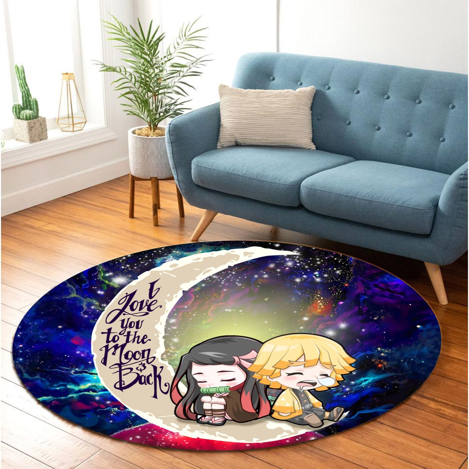 Zenitsu And Nezuko Chibi Demon Slayer Love You To The Moon Galaxy Round Carpet Rug Bedroom Livingroom Home Decor Nearkii