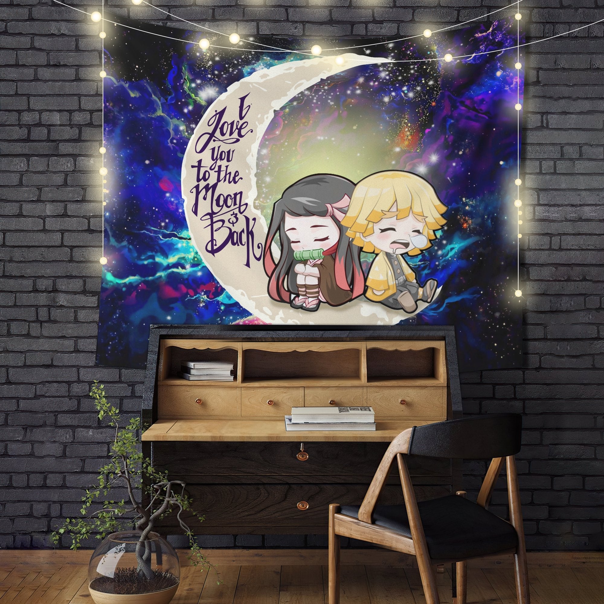 Zenitsu And Nezuko Chibi Demon Slayer Love You To The Moon Galaxy Tapestry Room Decor Nearkii