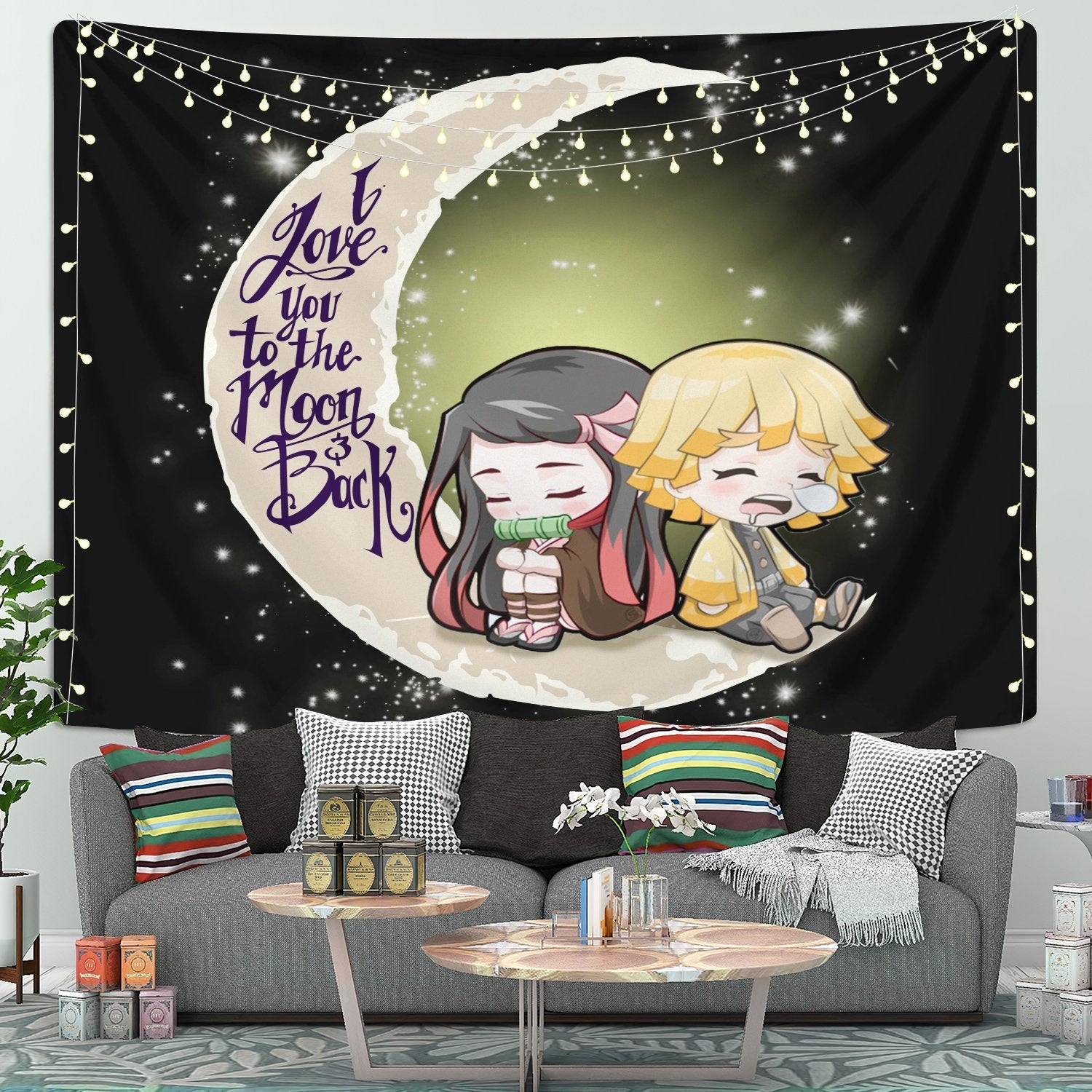 Zenitsu And Nezuko Chibi Demon Slayer Love You To The Moon Tapestry Room Decor Nearkii