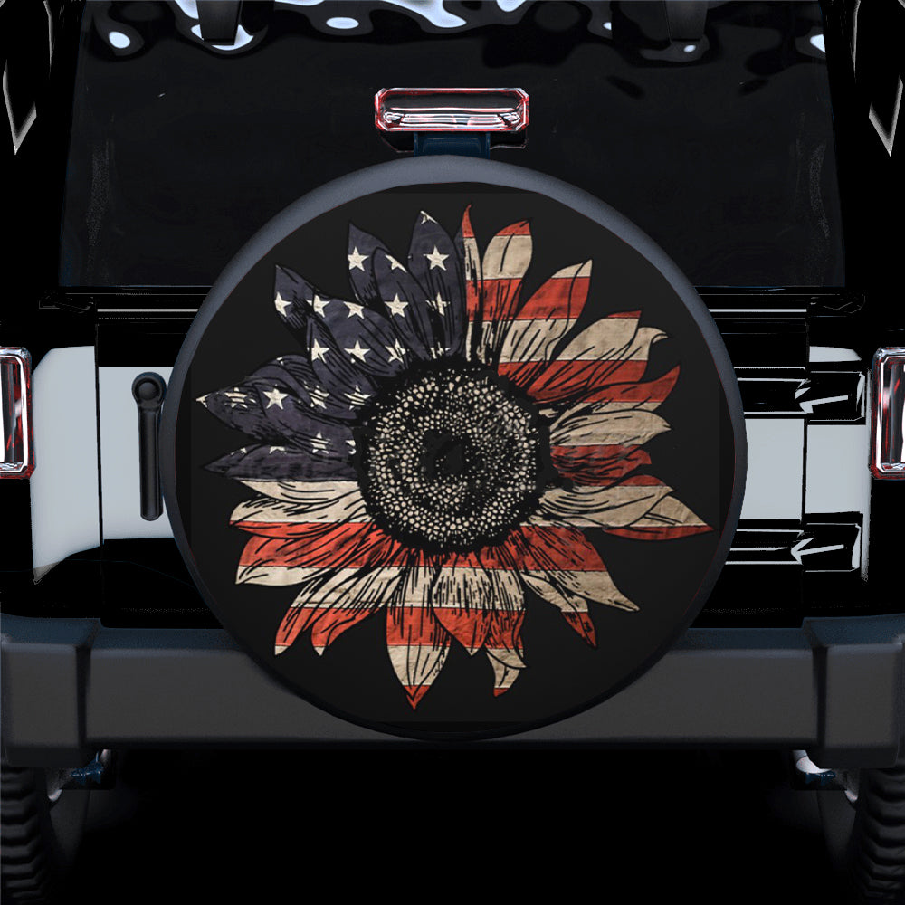 Sunflower American Flag Art Jeep Car Spare Tire Cover Gift For Campers Nearkii