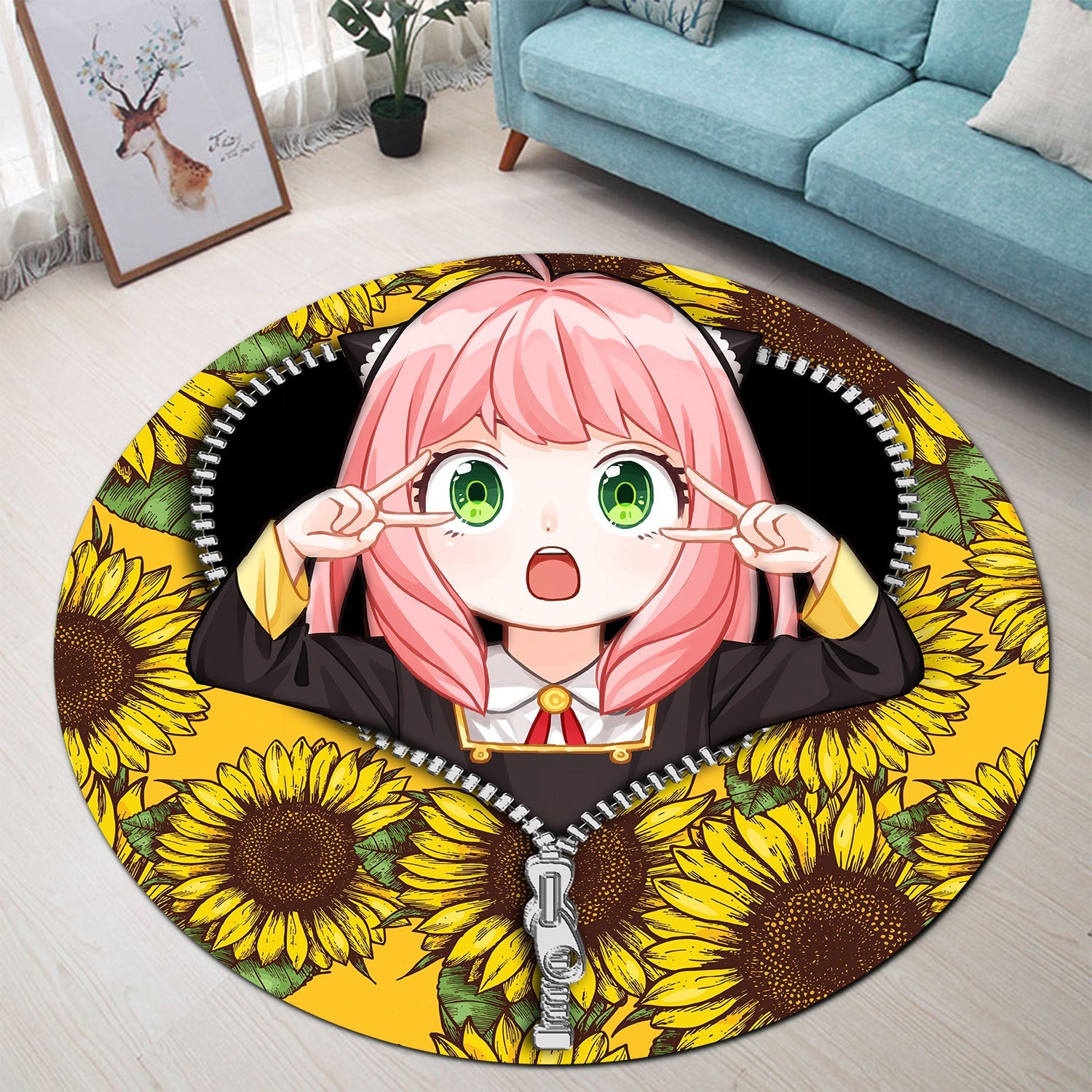 Anya Spy X Family Sunflower Zipper Round Carpet Rug Bedroom Livingroom Home Decor Nearkii