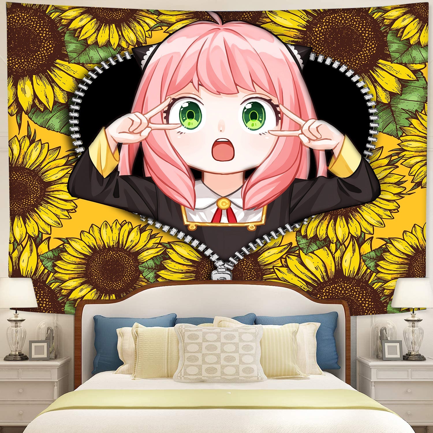 Anya Cute Spy X Family Sunflower Zipper Tapestry Room Decor Nearkii