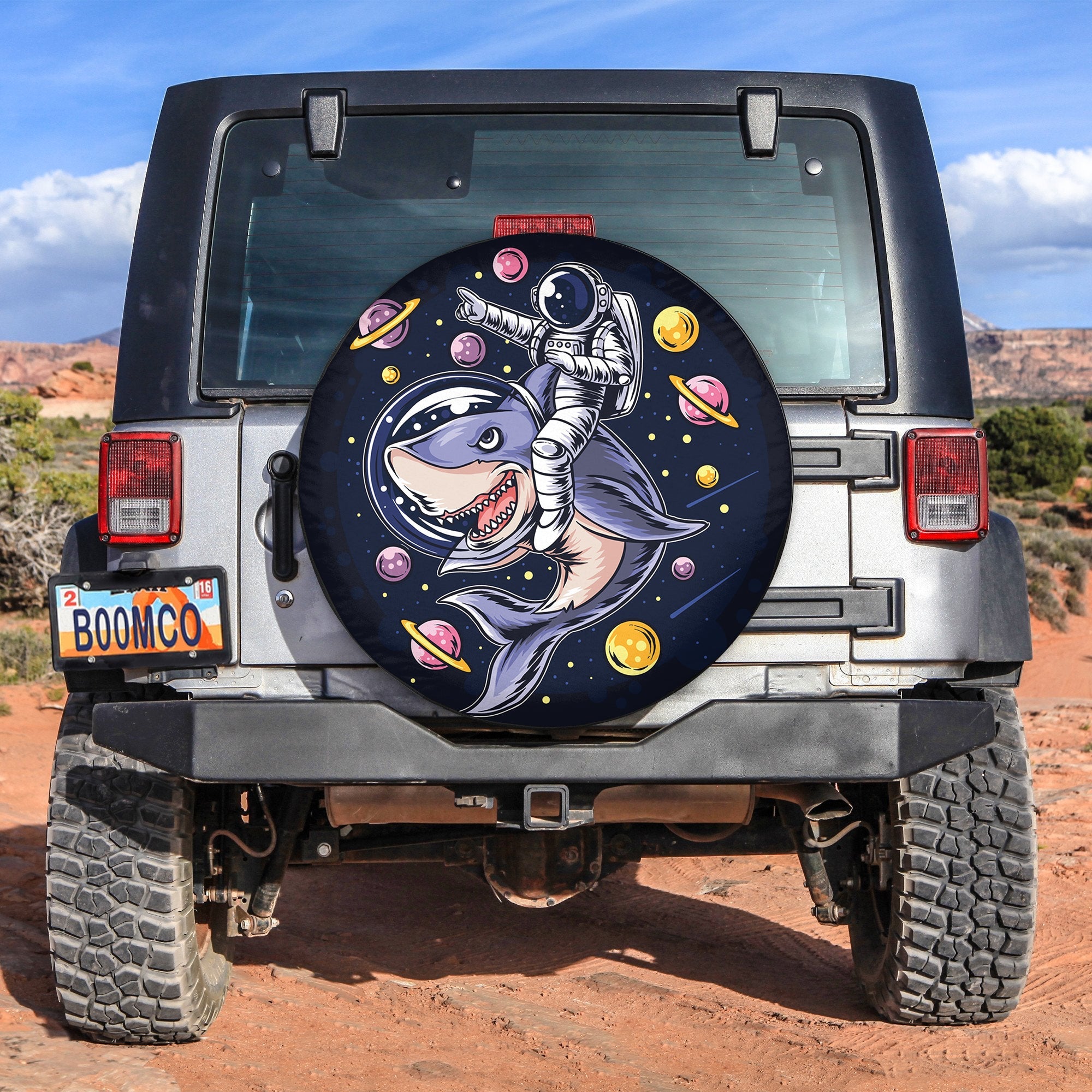 Astronauts Ride A Shark In Space Spare Tire Cover Gift For Campers Nearkii