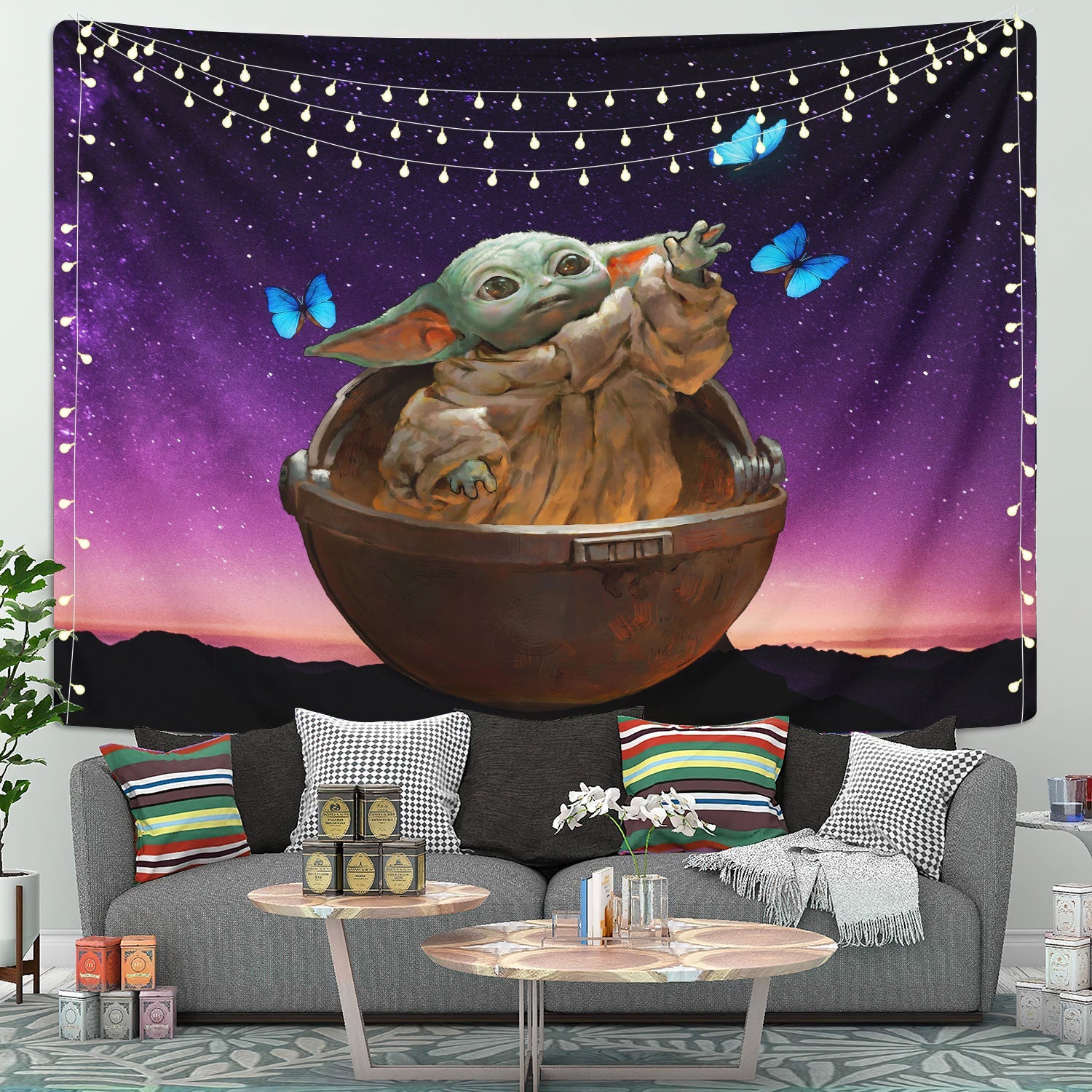 Baby Yoda Galaxy Butterfly Tapestry Room Decor Nearkii