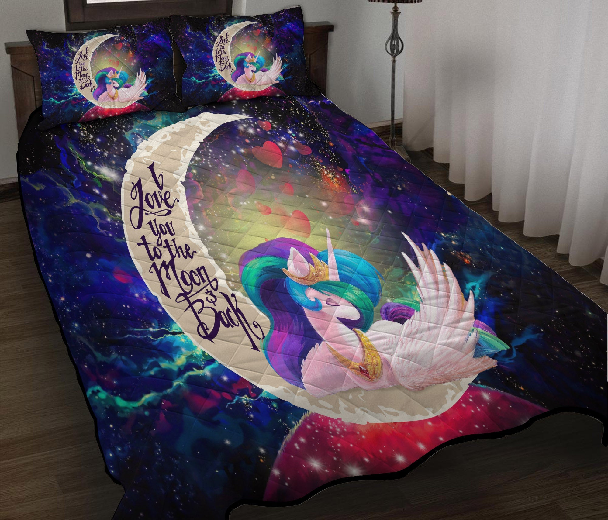 Beauty Unicorn Love You To The Moon Galaxy Quilt Bed Sets Nearkii