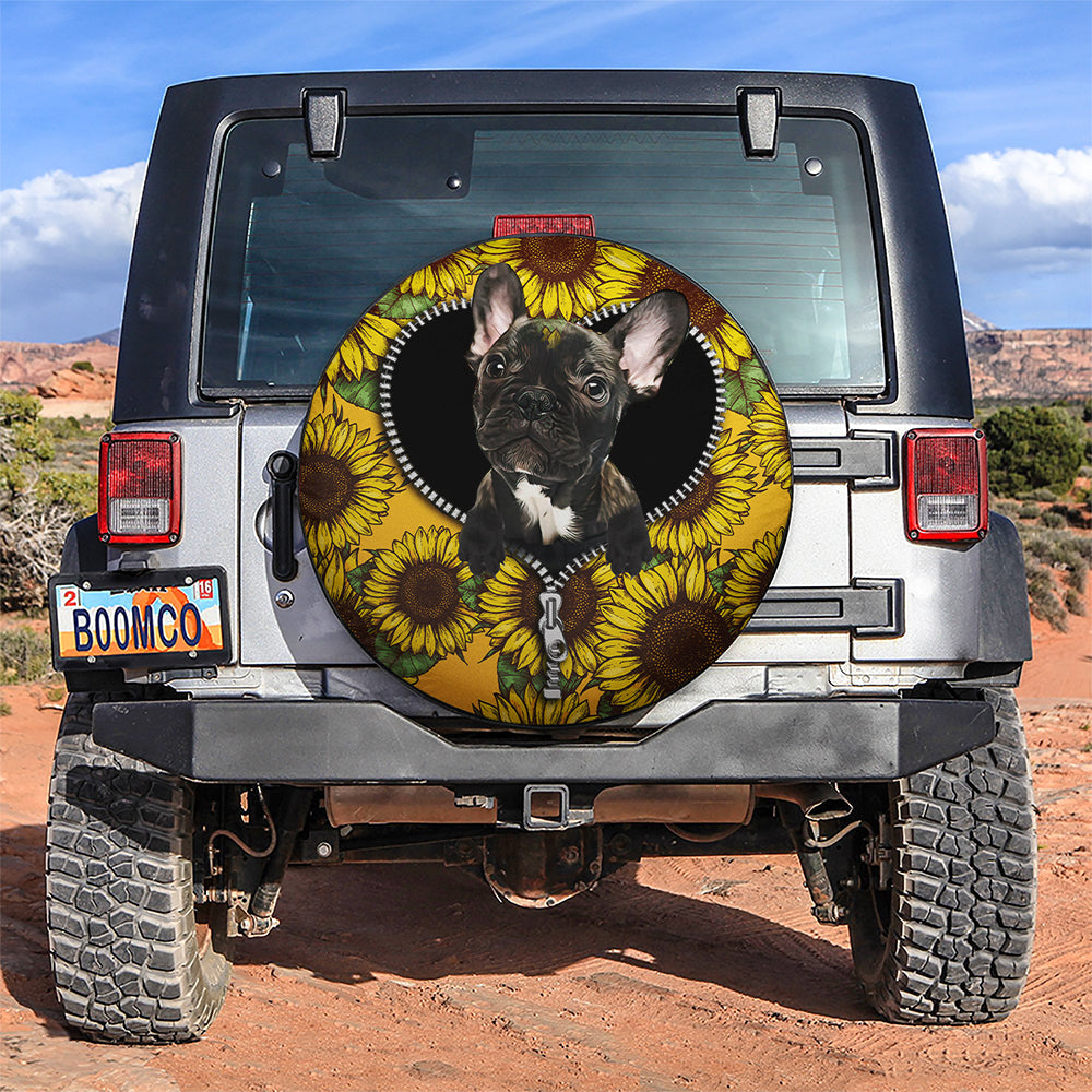 Black French Bulldog Sunflower Zipper Car Spare Tire Covers Gift For Campers Nearkii