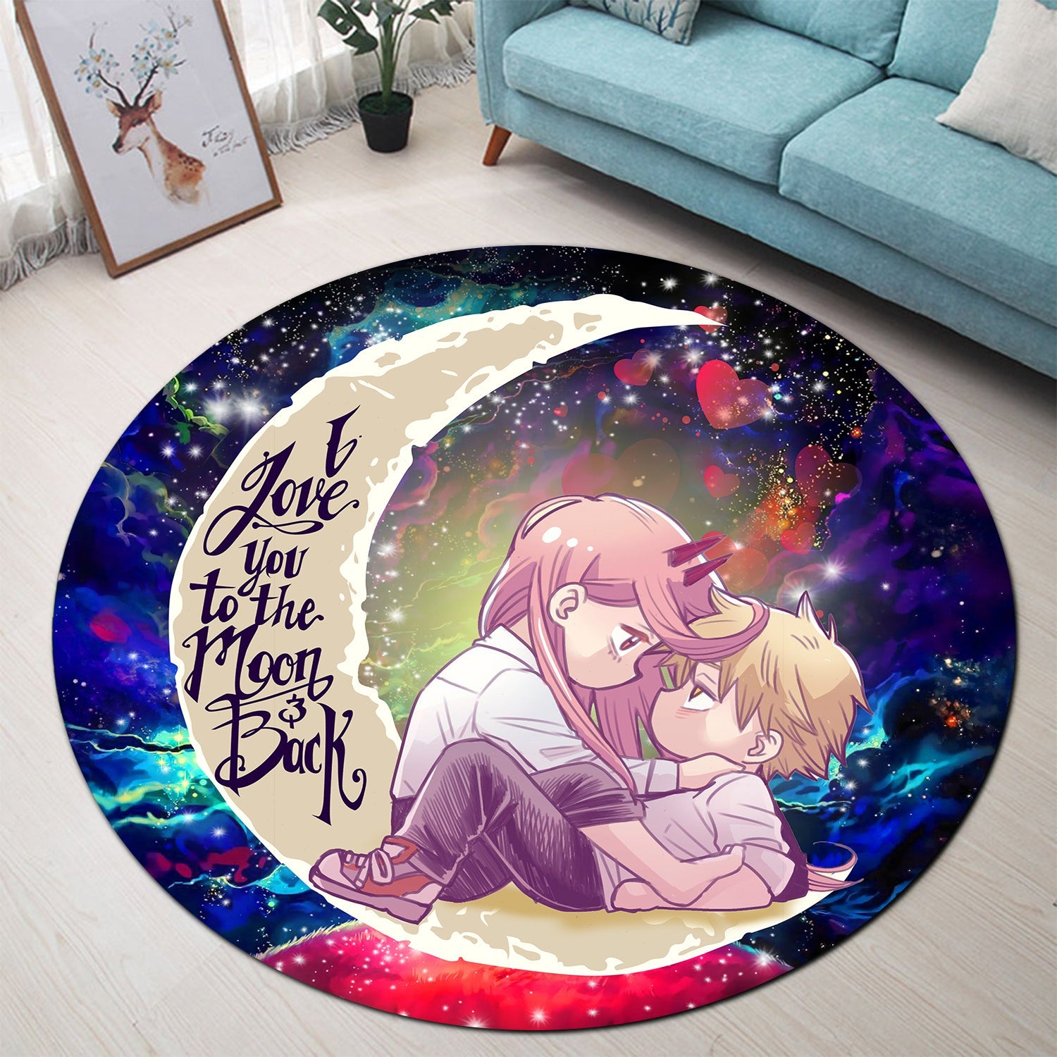 Chainsaw Man Denji x Power Love You To The Moon Galaxy Round Carpet Rug Bedroom Livingroom Home Decor Nearkii