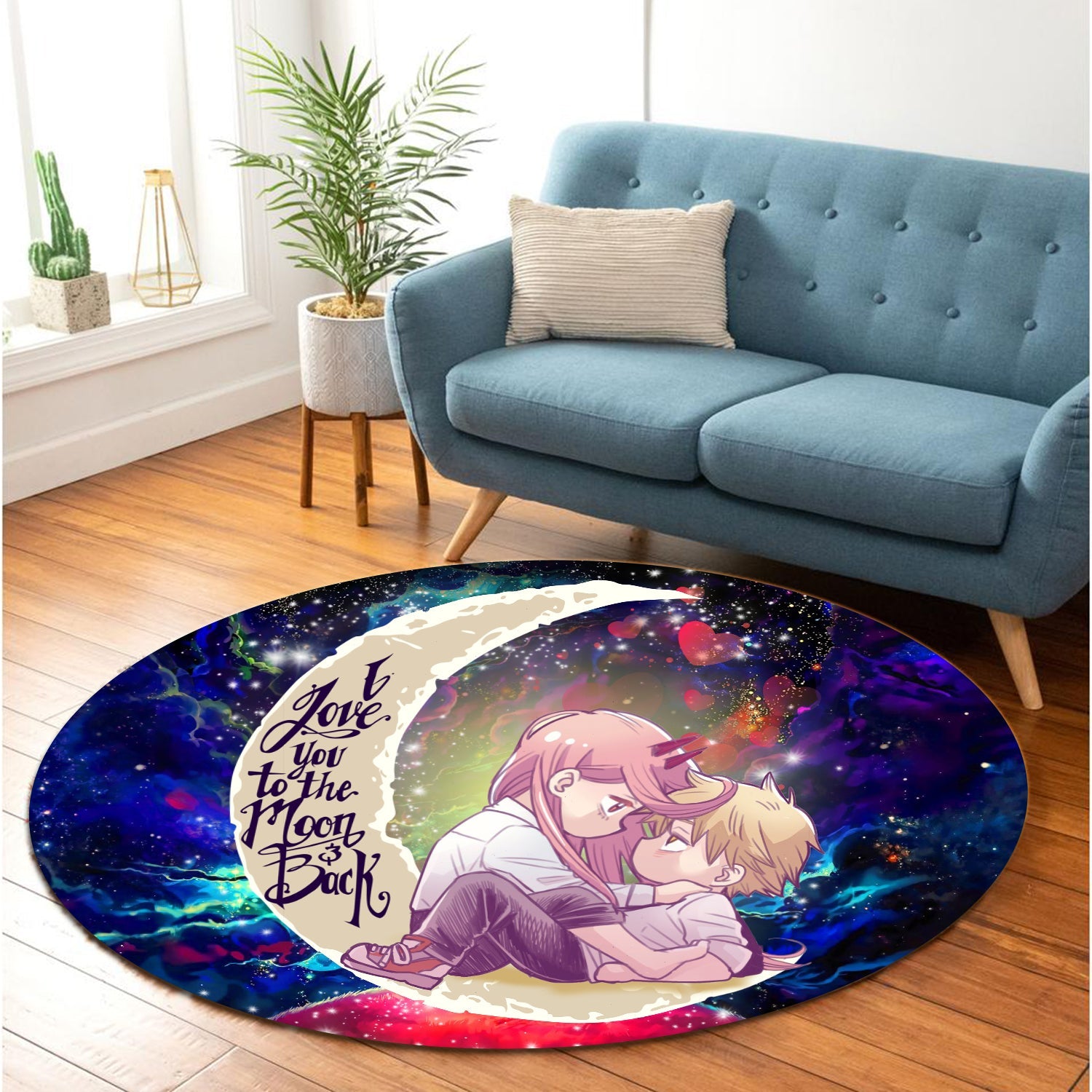 Chainsaw Man Denji x Power Love You To The Moon Galaxy Round Carpet Rug Bedroom Livingroom Home Decor Nearkii