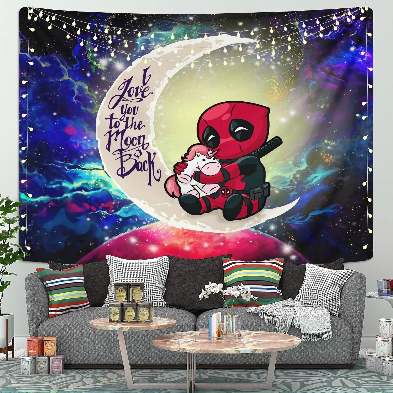 Chibi Deadpool Unicorn Toy Moon And Back Galaxy Tapestry Room Decor Nearkii