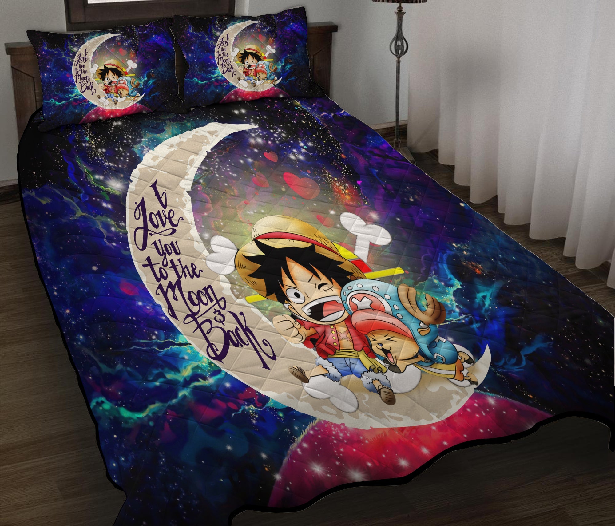 Chibi Luffy And Chopper One Piece Anime Love You To The Moon Galaxy Quilt Bed Sets Nearkii