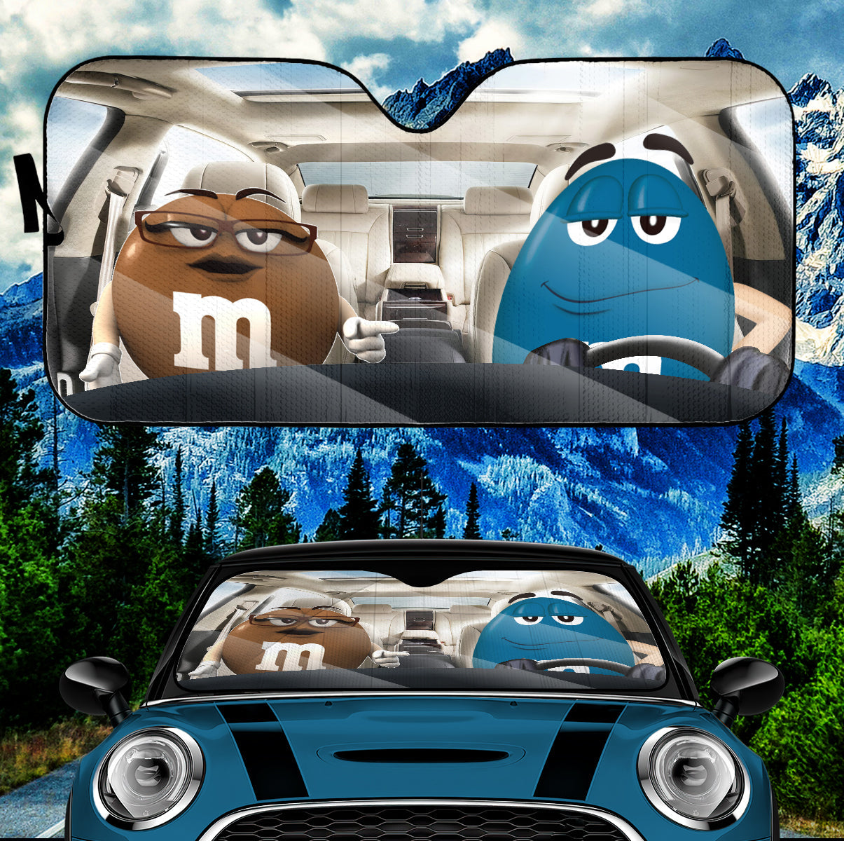 Funny M&M Chocolate Brow Blue Driving Car Auto Sunshade Nearkii