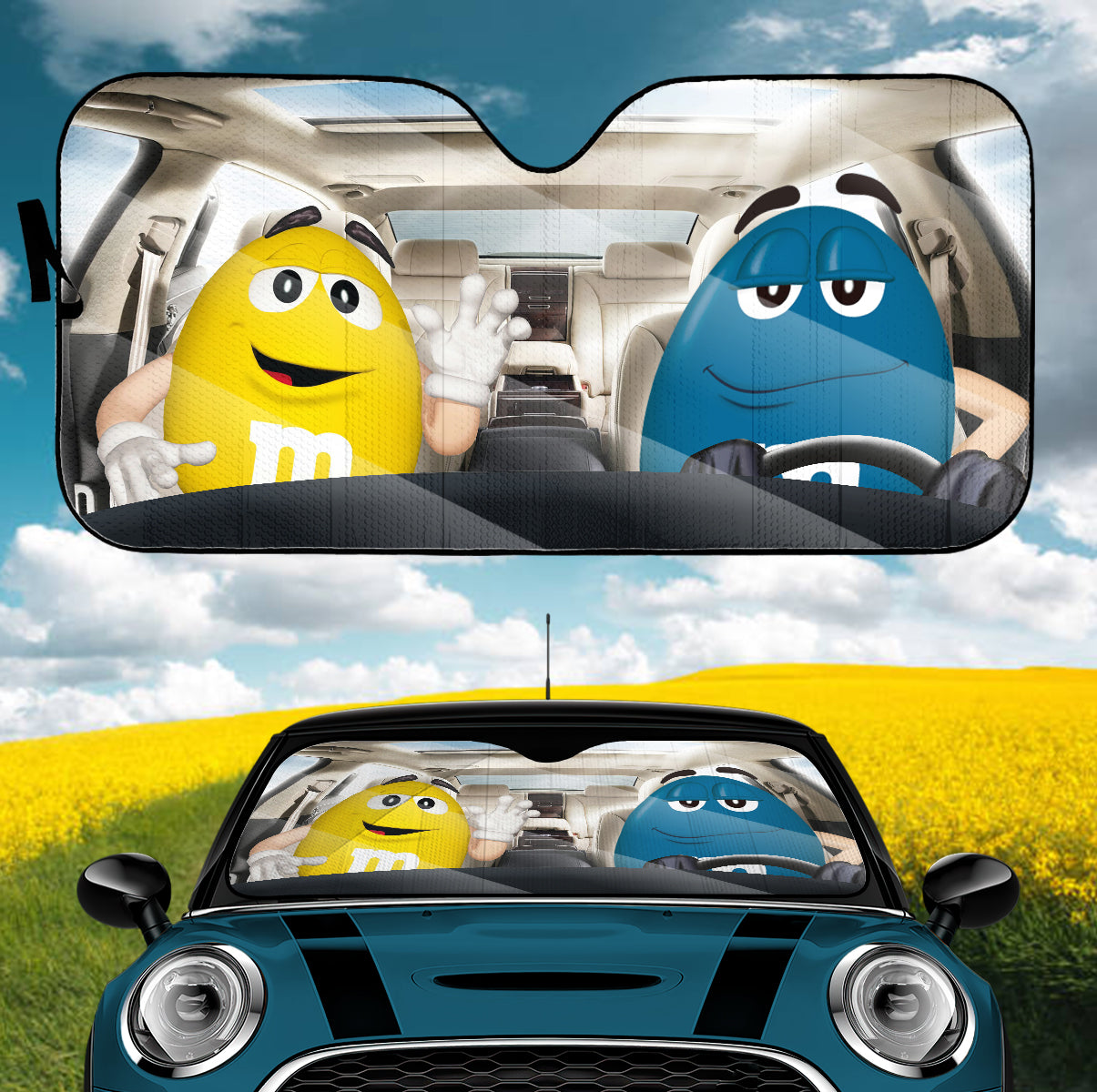 Funny M&M Chocolate Yellow Blue Driving Car Auto Sunshade Nearkii