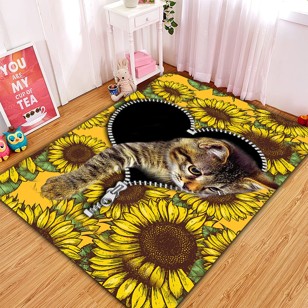 Cute Cat Sunflower Zipper Rug Carpet Rug Home Room Decor Nearkii