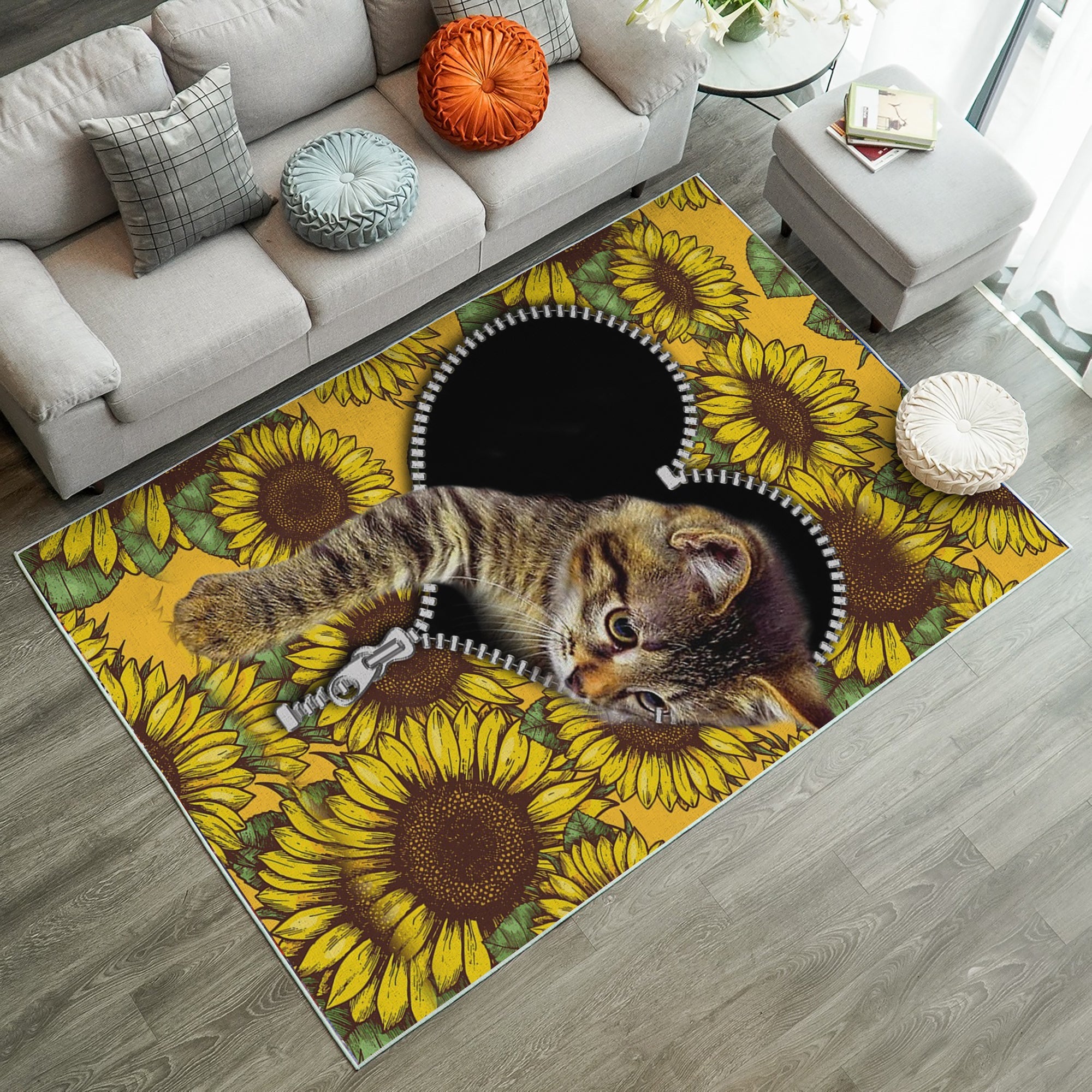 Cute Cat Sunflower Zipper Rug Carpet Rug Home Room Decor Nearkii