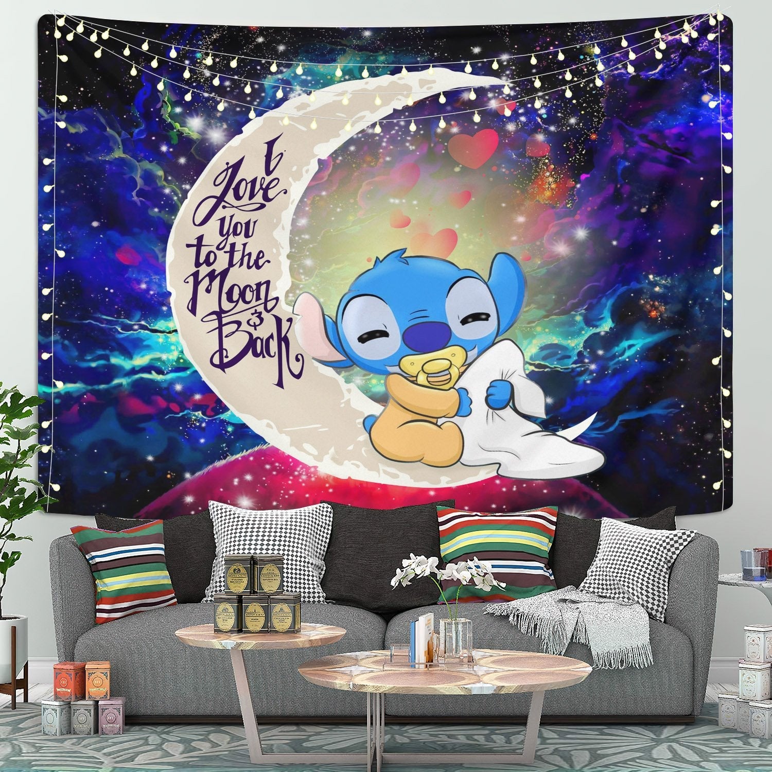 Cute Baby Stitch Sleep Moon And Back Galaxy Tapestry Room Decor Nearkii