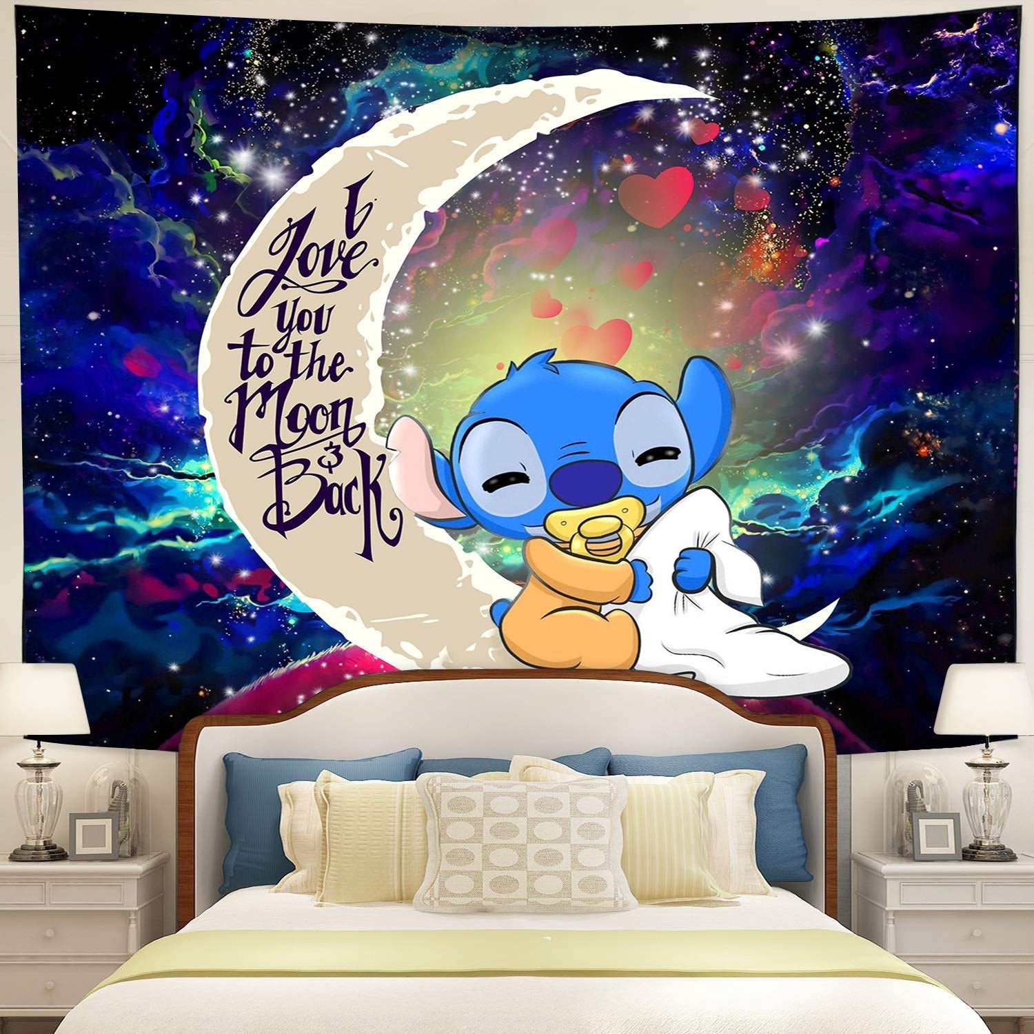 Cute Baby Stitch Sleep Moon And Back Galaxy Tapestry Room Decor Nearkii