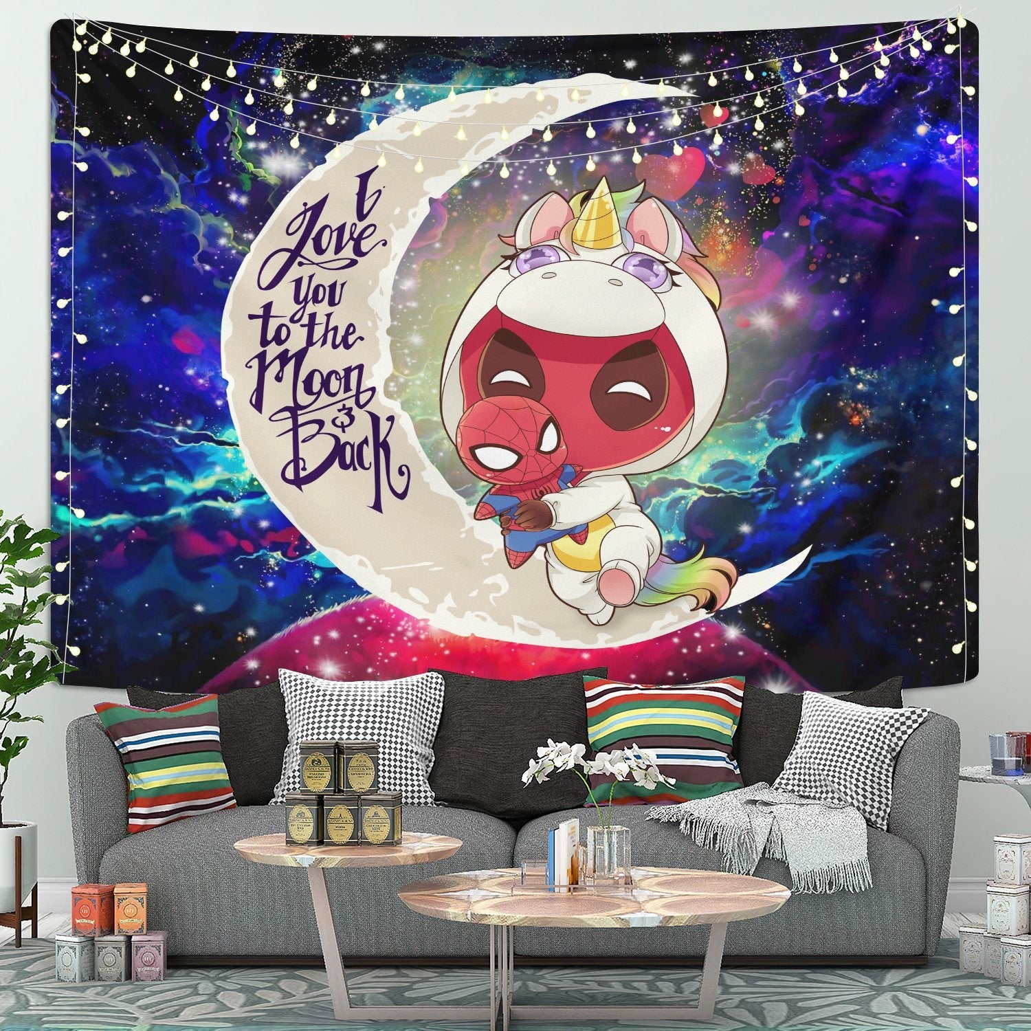 Unicorn Deadpool And Spiderman Avenger Moon And Back Galaxy Tapestry Room Decor Nearkii