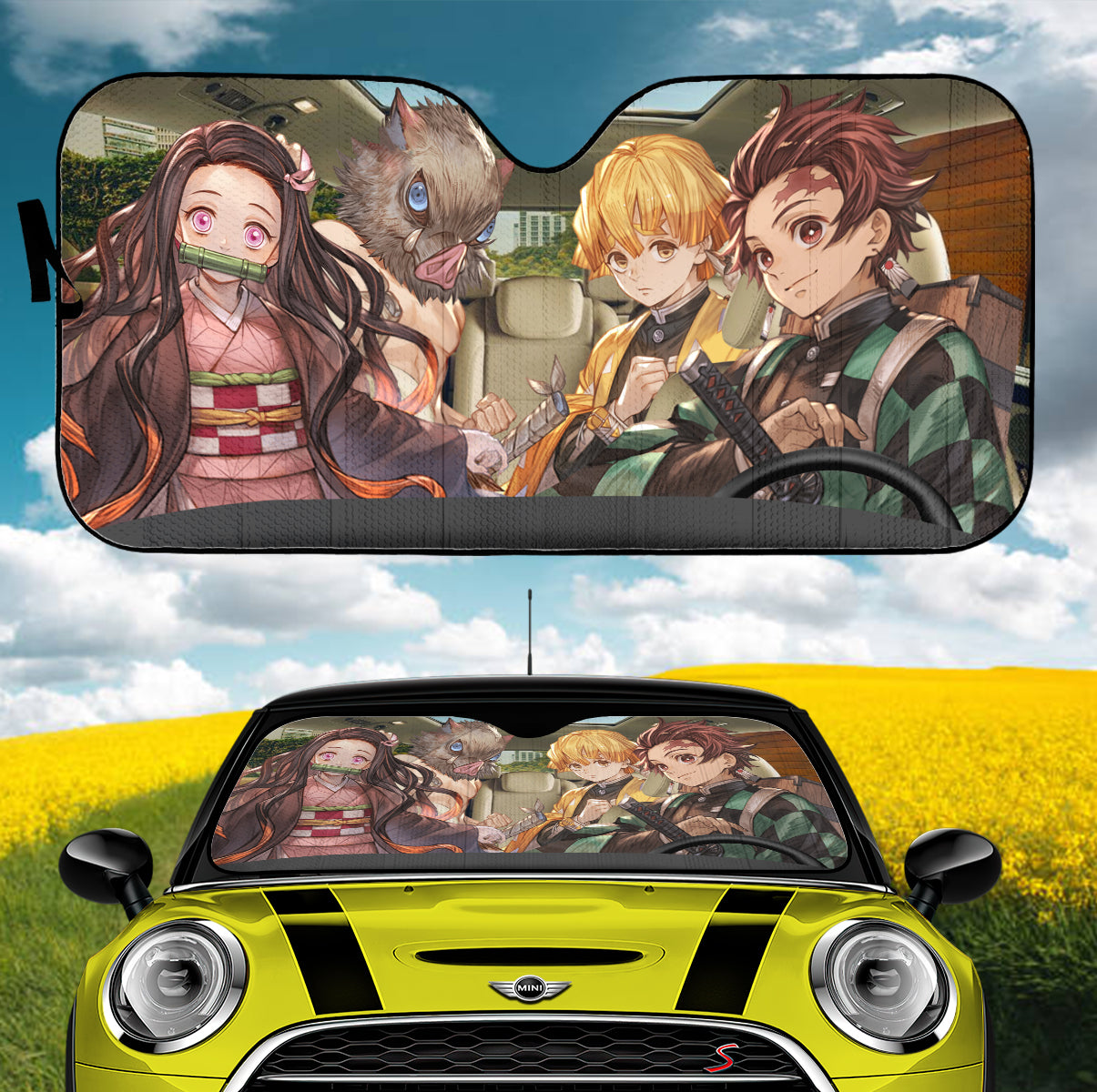 Kimetsu No Yaiba Tanjiro Nezuko Zenitsu And Inosuke Driving Car Auto Sunshades Nearkii