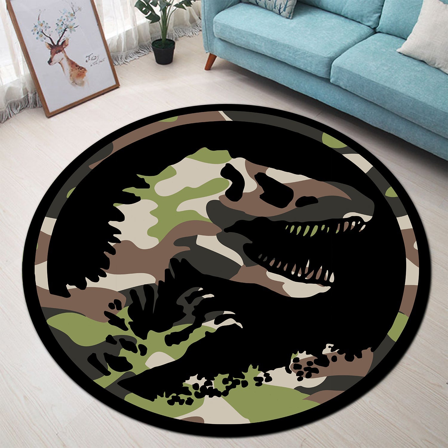 Dinasour T-rex Camo Round Carpet Rug Bedroom Livingroom Home Decor Nearkii