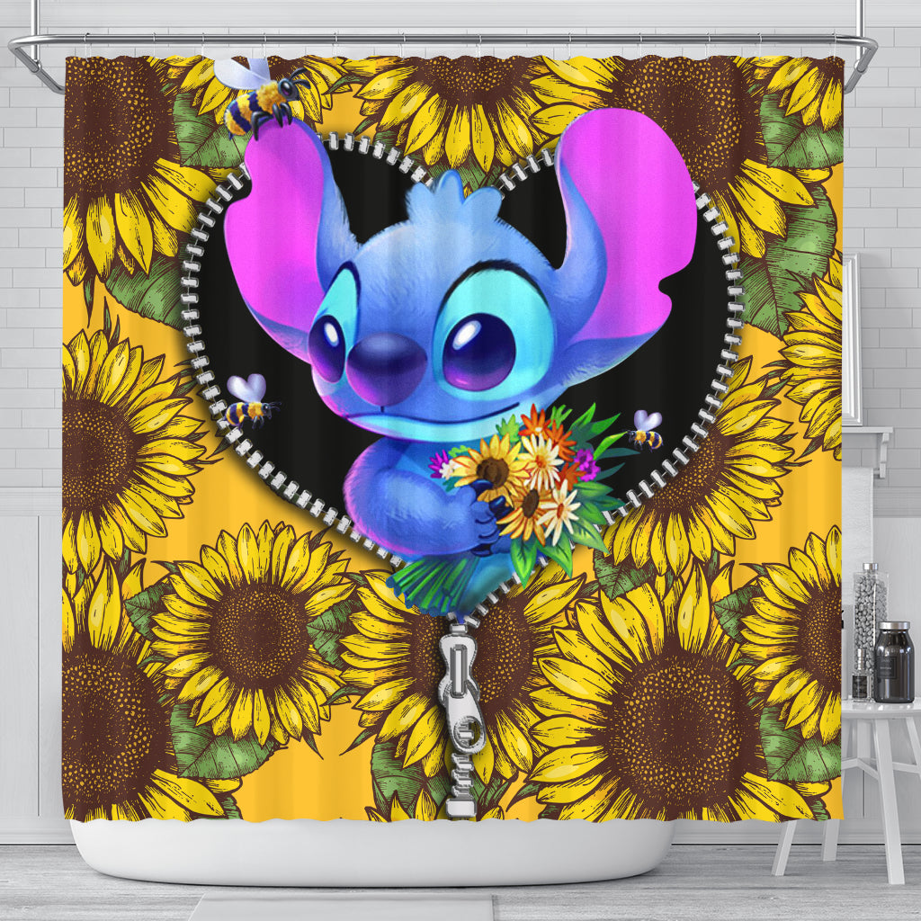 Stitch Sunflower Zipper Shower Curtain Nearkii